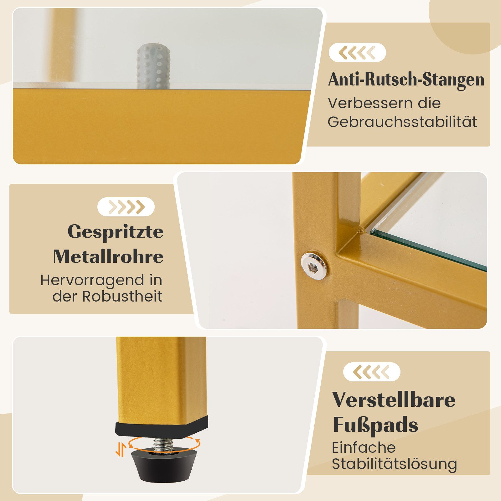 COSTWAY TV-Schrank Konsolentisch mit gehärteten Glasregalen, Gold, 147cm