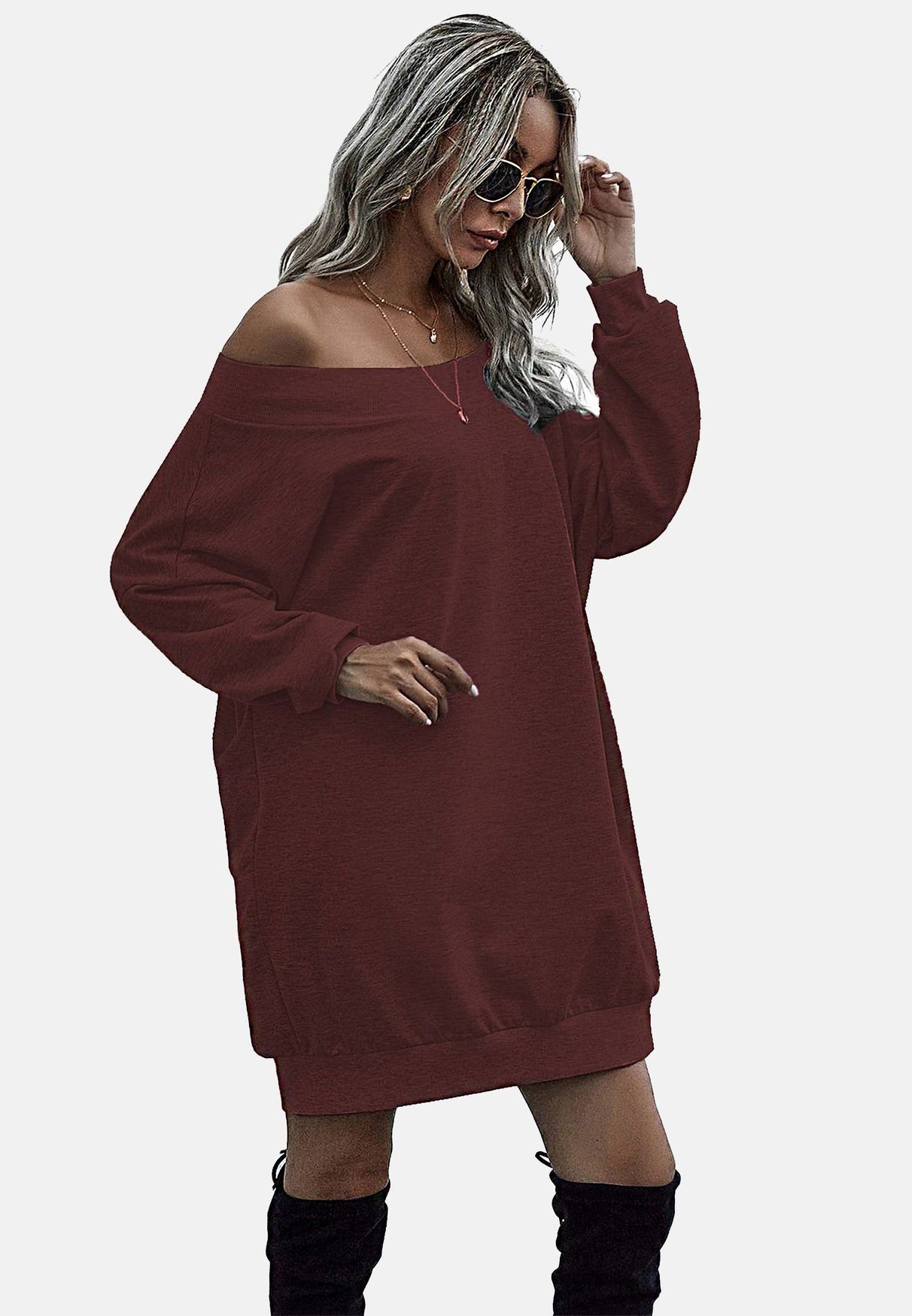 enflame Longpullover Off-Shoulder Long Oversized Dress French Terry French günstig online kaufen
