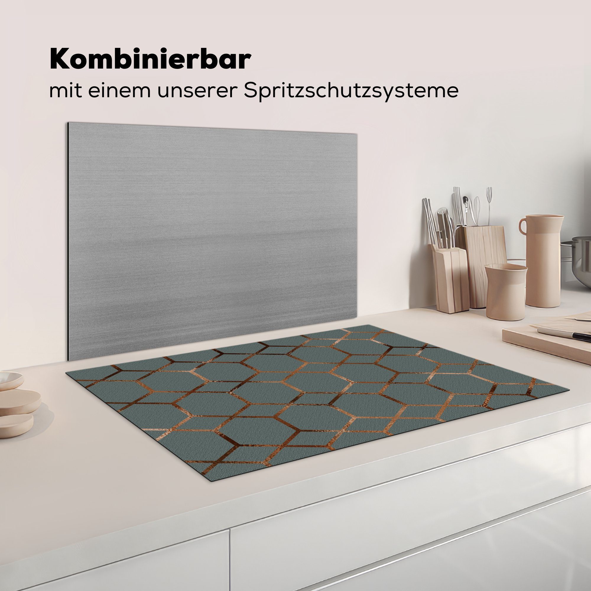 - küche, tlg), - Blau Luxus die - Herdblende-/Abdeckplatte Ceranfeldabdeckung für Vinyl, cm, Bronze, Muster (1 Induktionskochfeld Schutz MuchoWow 81x52