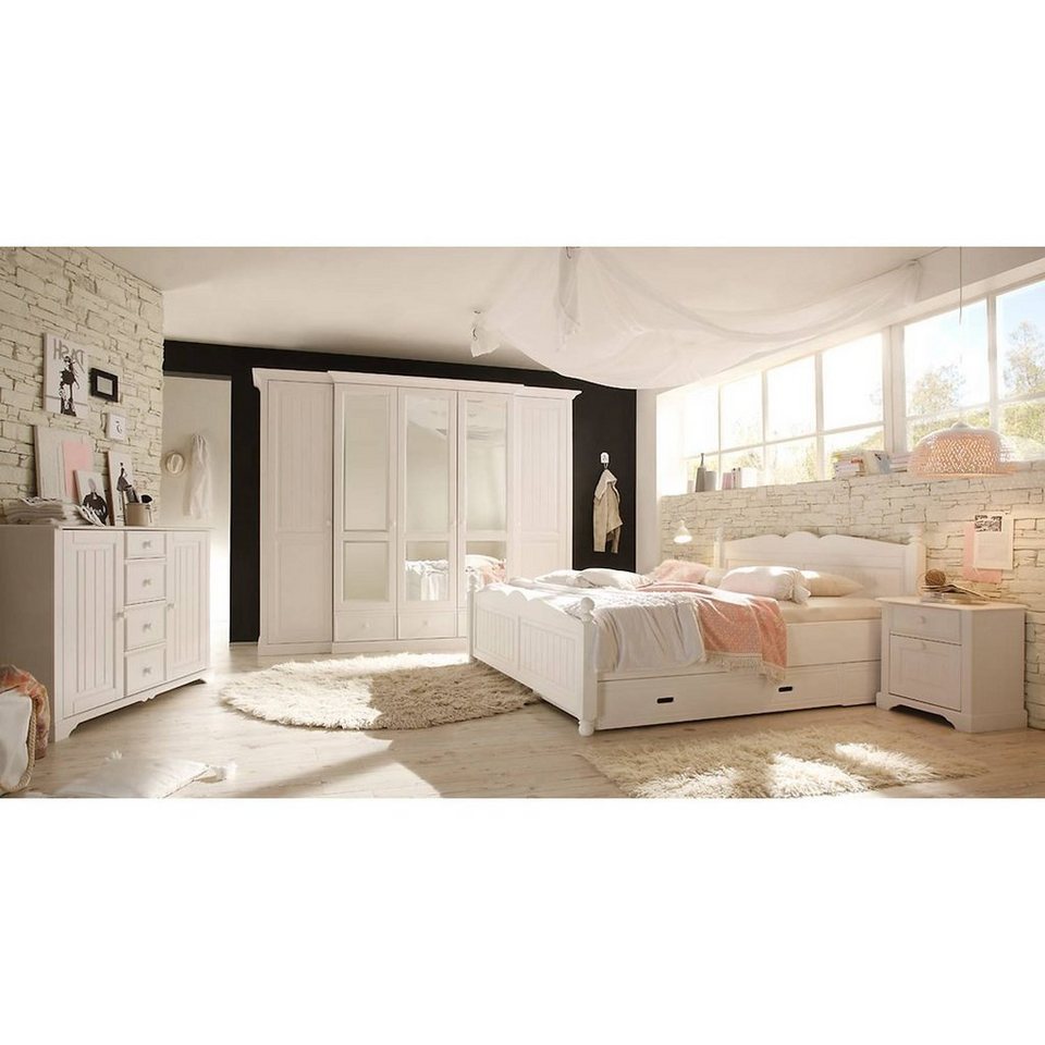 Lomadox Schlafzimmer-Set »MARINO-12«, Landhaus Schlafzimmer-Set aus Kiefer,  massiv weiß lackiert, mit robustem Massivholz-Bett 12x12cm, 12-türigem