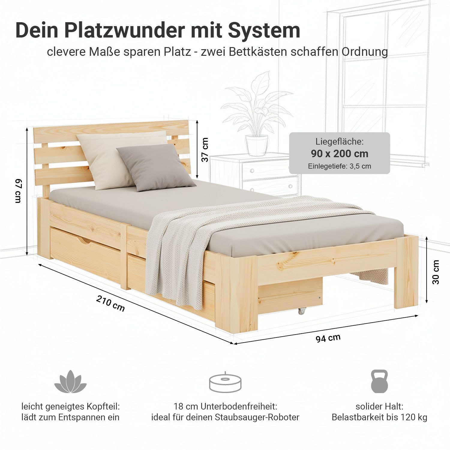 Homestyle4u Holzbett 90x200 140x200 160x200 180x200 Bettkasten Lattenrost Natur Weiß Grau (Set, Schublade), 90x200, Kiefer, mit Stauraum, klar lackiert, schlicht