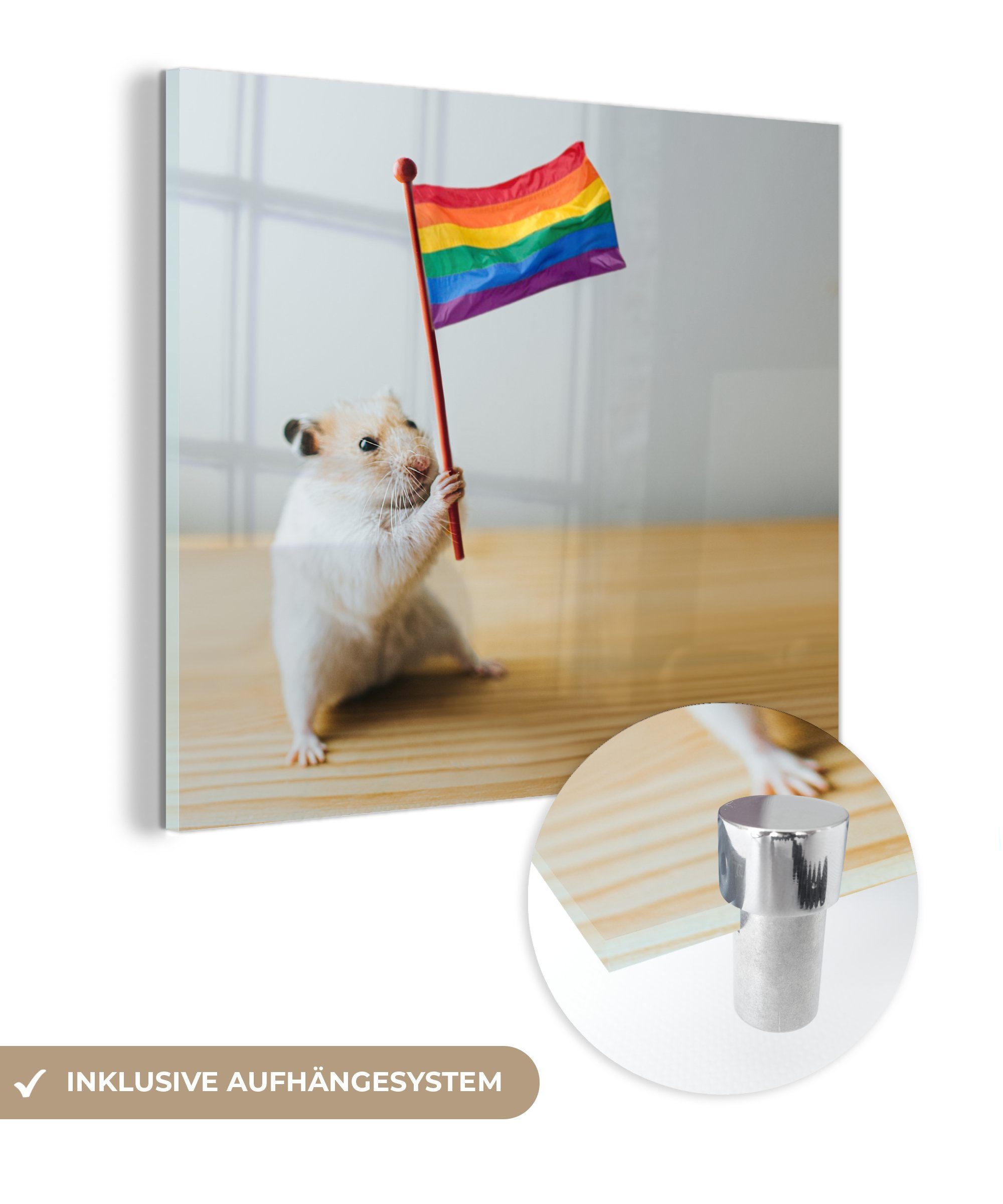 MuchoWow Acrylglasbild Hamster mit einer Regenbogenflagge, (1 St), Glasbilder - Bilder auf Glas Wandbild - Foto auf Glas - Wanddekoration
