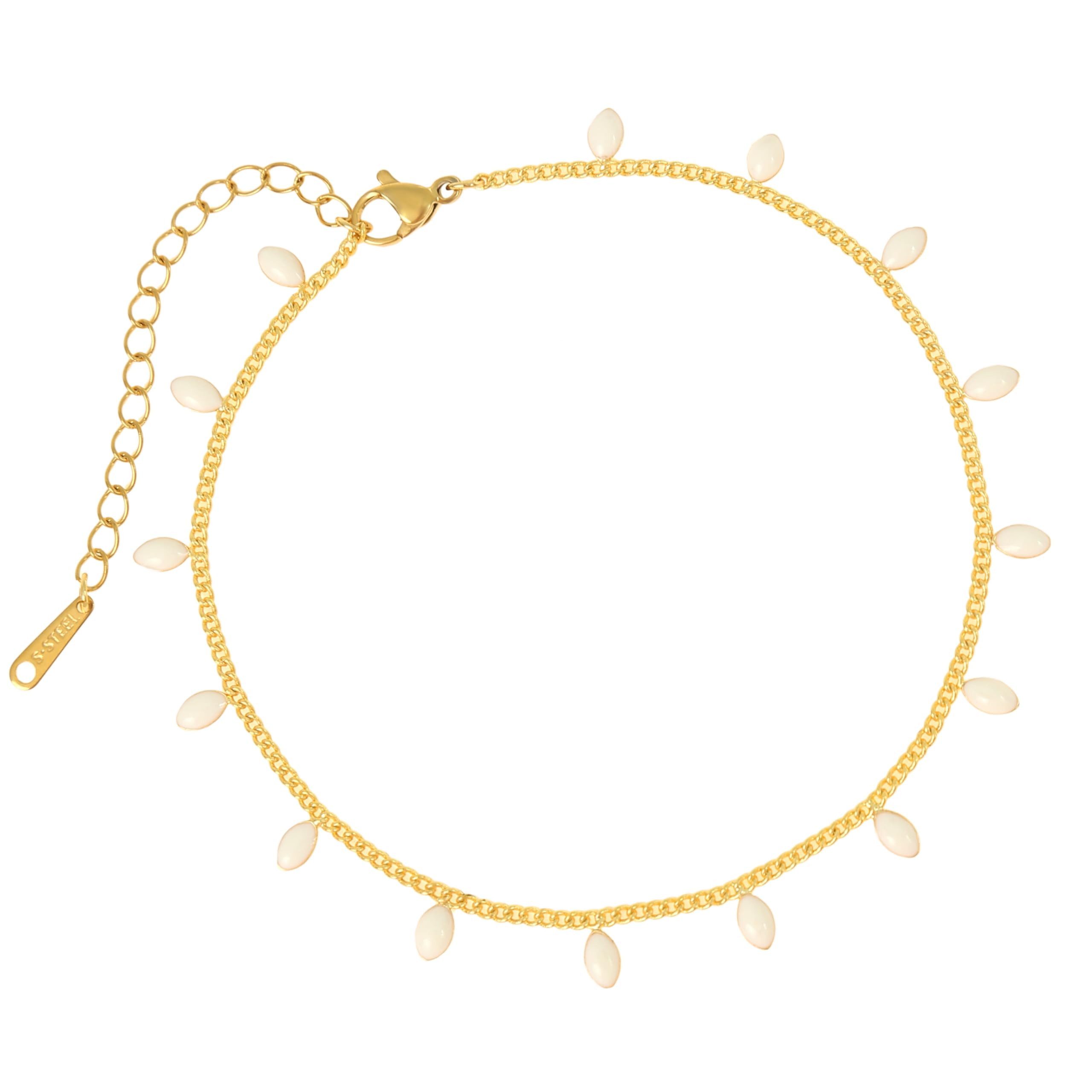 Made by Nami Fußkette Edelstahl Fußkettchen für Damen in Gold, Wasserfest mit Perlen, 21,5cm lang mit 6,1cm Verstellkette, Surfer oder Boho Schmuck