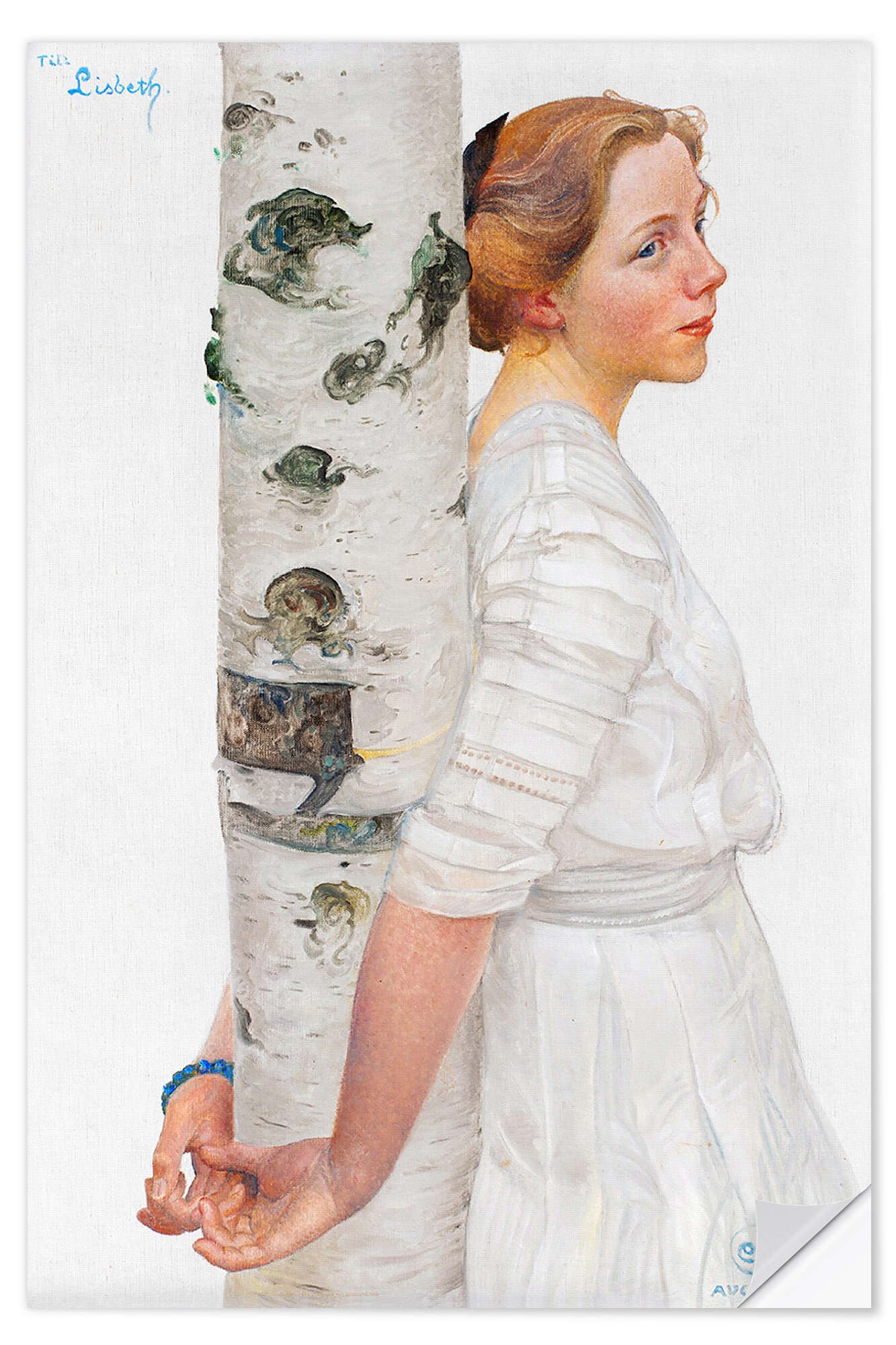 Posterlounge Wandfolie Carl Larsson, Lisbeth am Birkenstamm, Wohnzimmer Skandinavisch Malerei