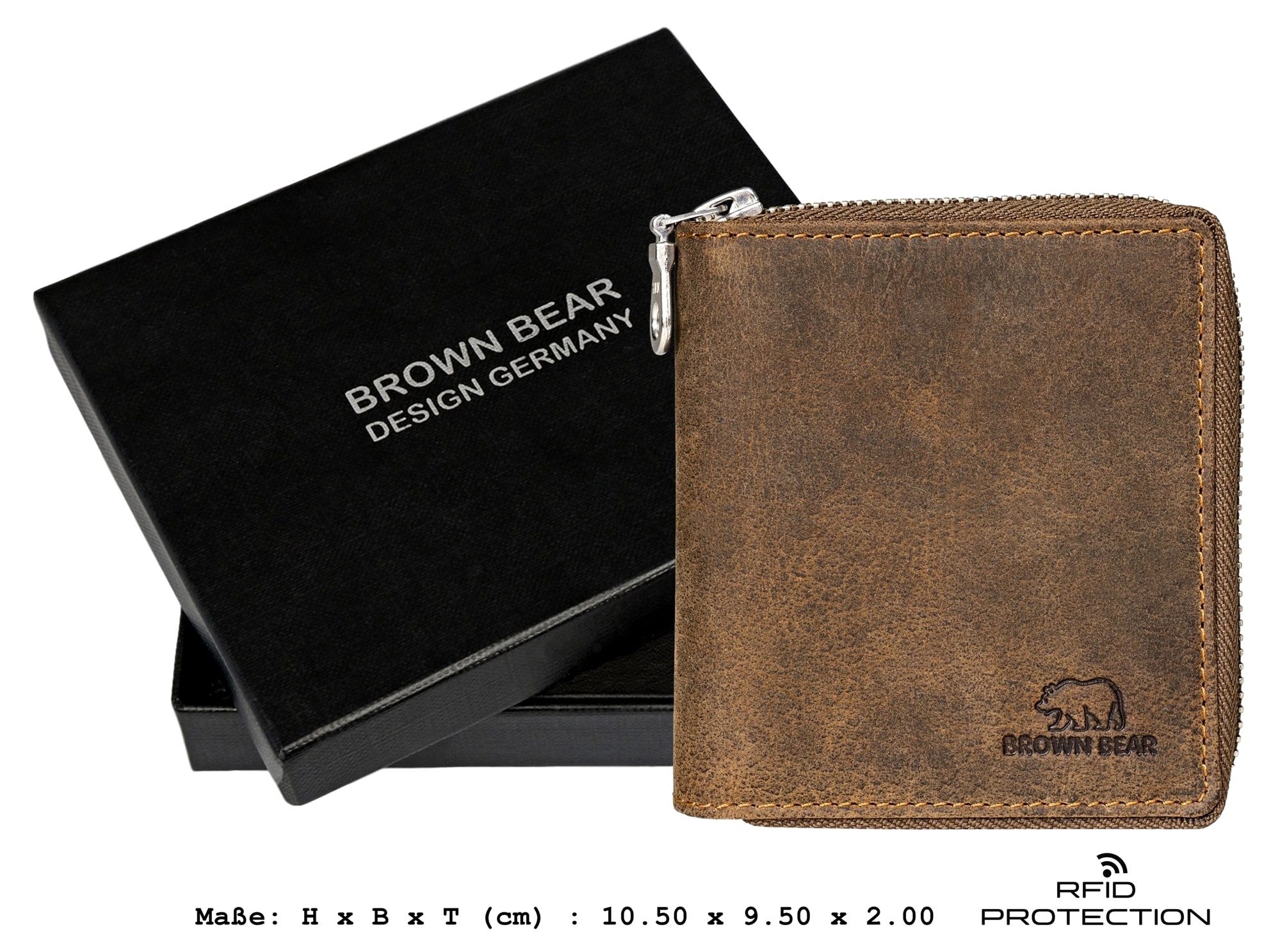 Brown Bear Geldbörse Modell Max umlaufender Reißverschluss kleineres Hochformat, mit 8 Kartenfächern und RFID Schutz Braun Vintage