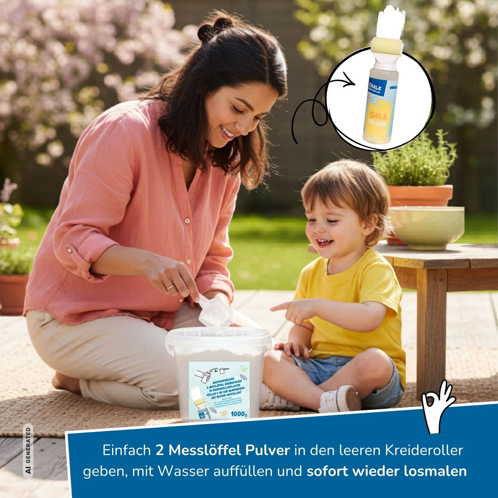 alldoro Malkreide Kreidepulver Weiß 1000g – Nachfüllpack für Straßenmalkreide-Roller, Mit Messlöffel, im wiederverschließbaren Eimer, für Kinder ab 3 Jahren