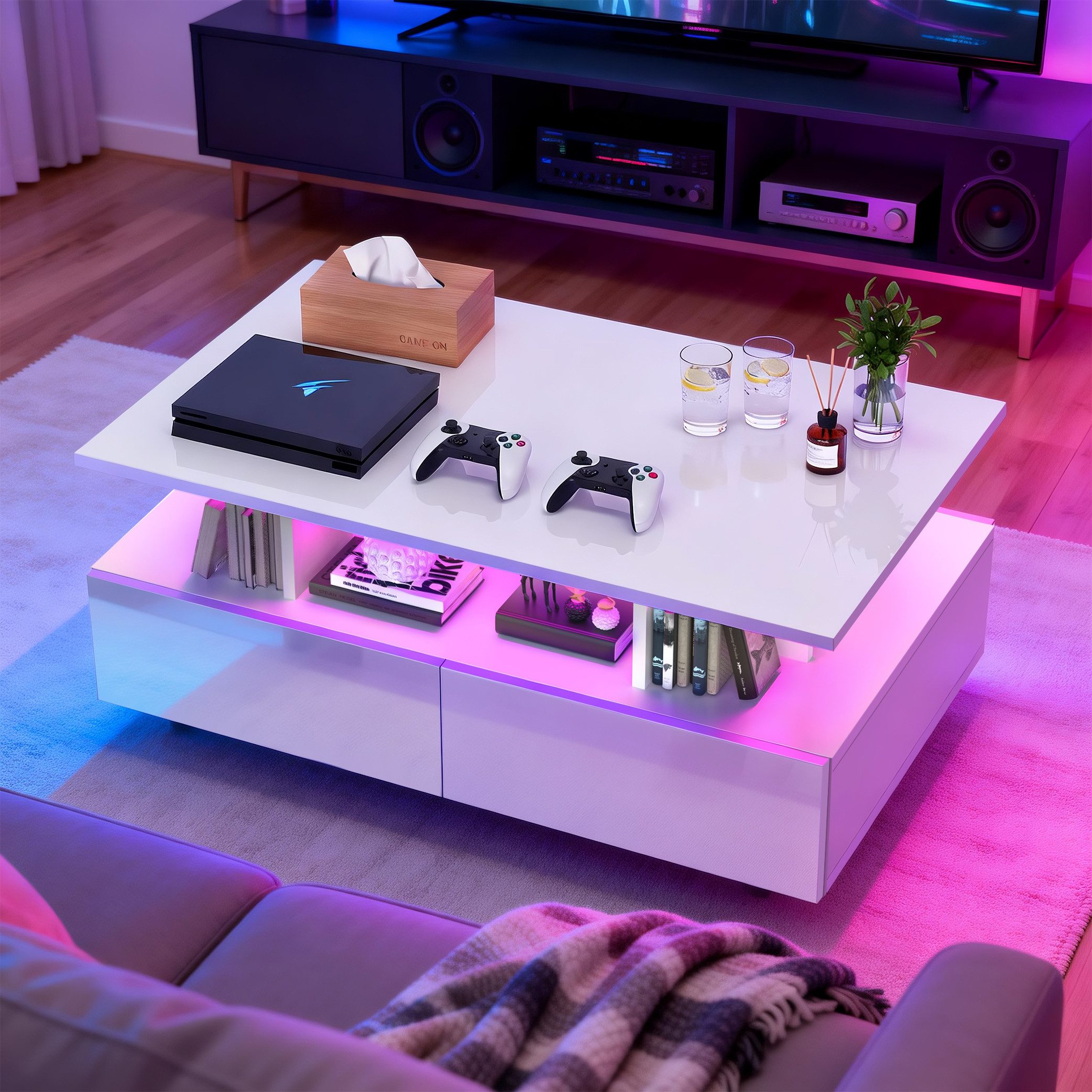 oyajia Couchtisch Wohnzimmertisch Hochglanz mit LED Beleuchtung & Fernsteuerung (Bluetooth-Fernbedienung.App-Steuerung, offenen Fächern,stabil, pflegeleicht, Hochglanz-Design), 90 x 55 x 40cm Beistelltisch,mit 4 Schubladen,Farbwechsel-LEDs