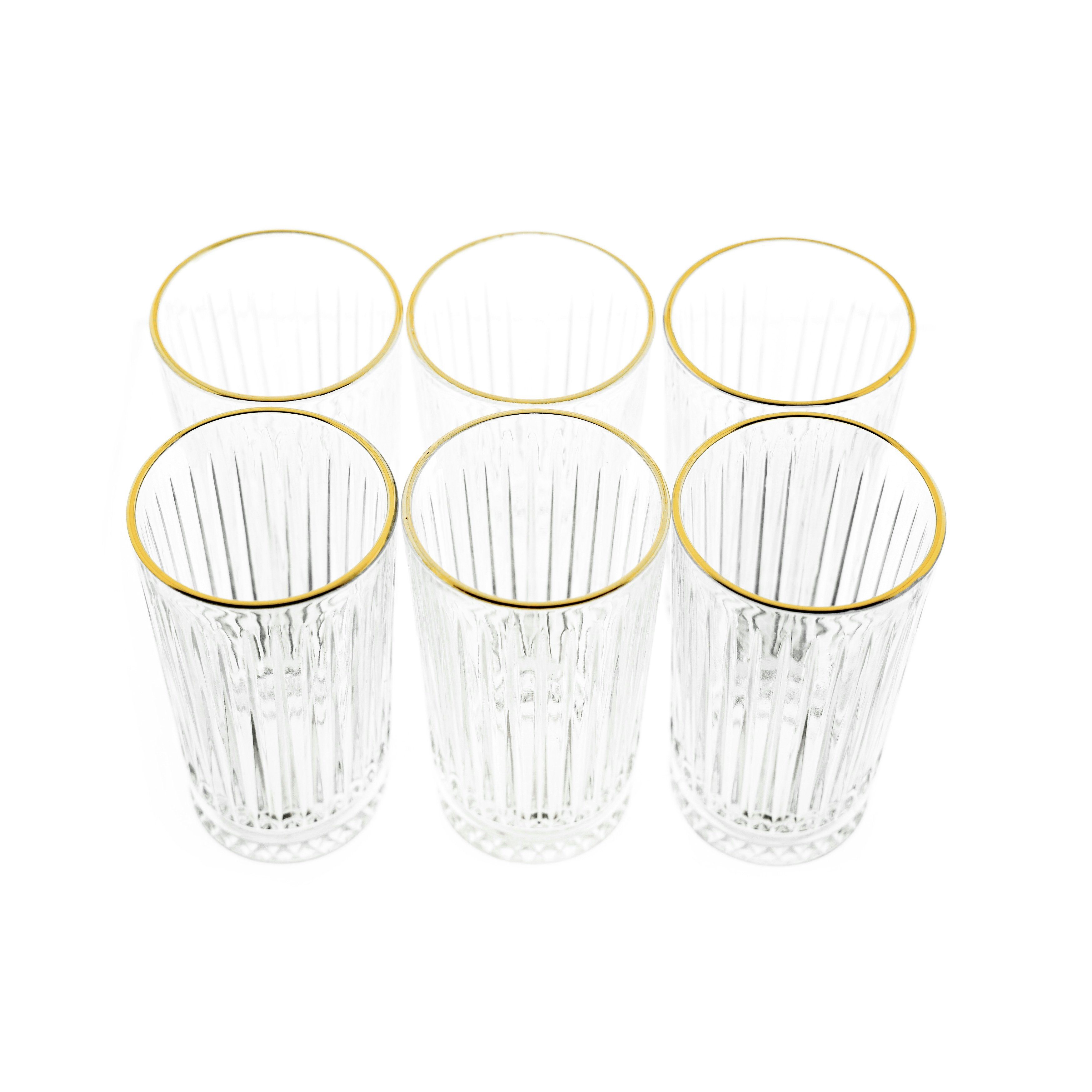 Almina Glas Elisa Trinkgläser-Set 6-teilig mit Goldumrandung Riffle Design 300 ml, 6-tlg.