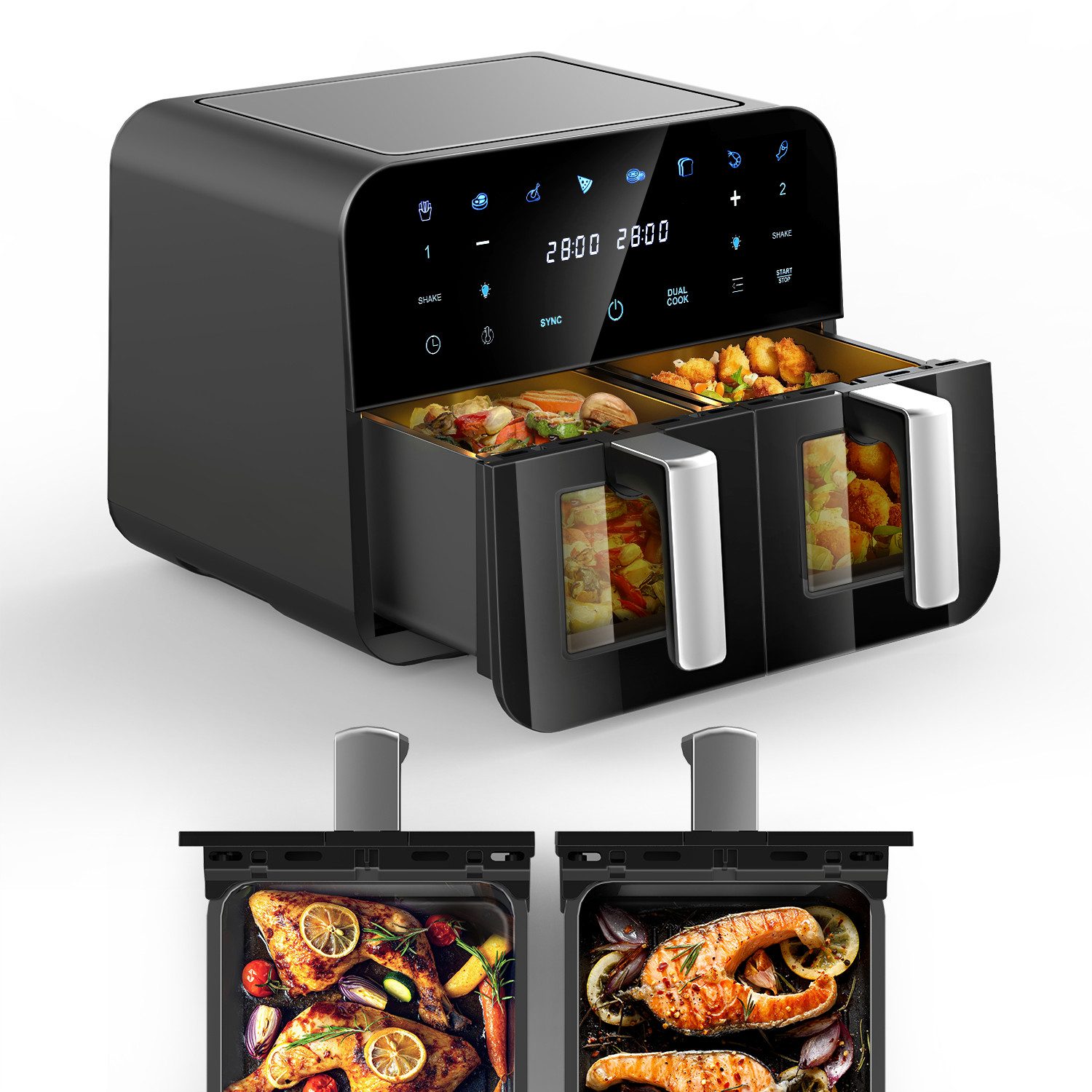 oyajia Heißluftfritteuse 9L Heißluftfritteuse RA930DSV XXL, 2 separat gesteuerte Garkammern, 2600,00 W, Touch Display, Sichtfenster, 8 Automatikprogramme/je 4,5 l pro Korb