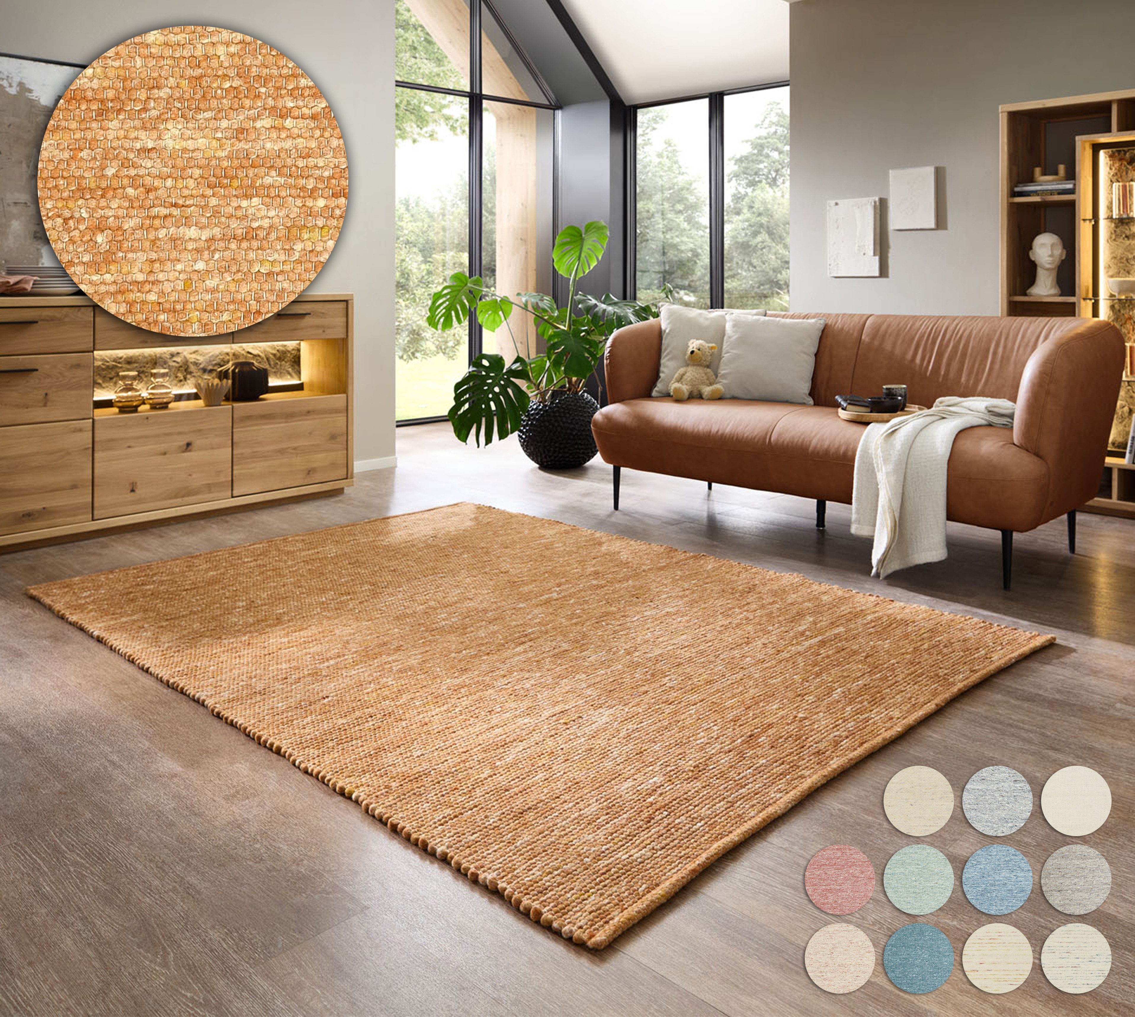 OTTO home Wollteppich Pirker, handgewebt, rechteckig, Höhe: 12 mm, Handwebteppich, meliert, reine Wolle, Wendeteppich, Scandi, Wohnzimmer