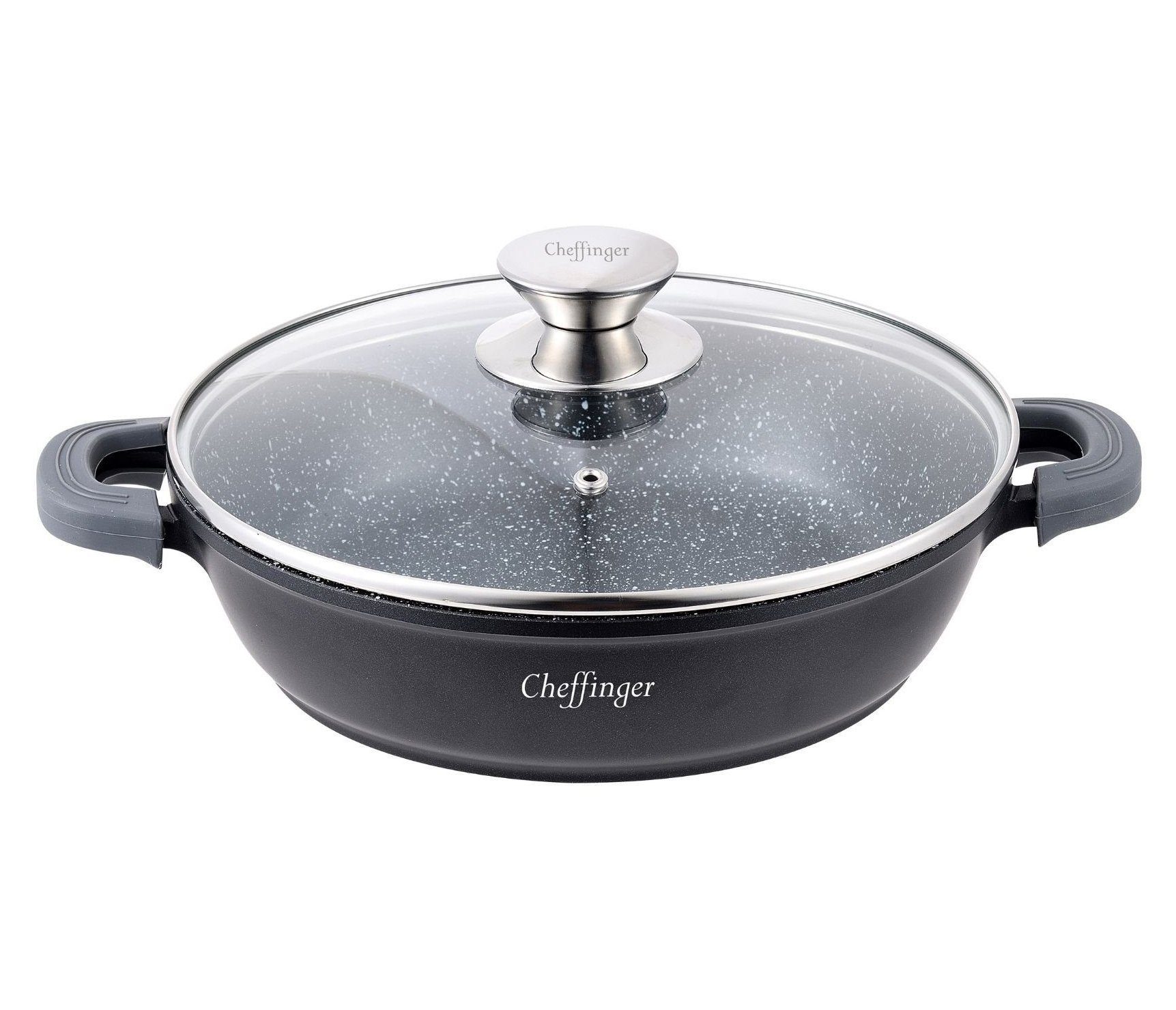 Cheffinger Servierpfanne Pfanne Bratpfanne Schmorpfanne mit Glasdeckel Aluguss Ø32cm, Material: Aluminium, Glas, rostfreier Stahl (Pfanne mit Glasdeckel)