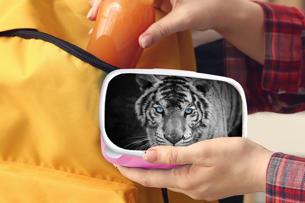 rosa Schwarz Lunchbox Kunststoff, - Brotbox - Brotdose Kunststoff (2-tlg), Mädchen, Kinder, für - Blau, Augen Snackbox, Tiger Erwachsene, - Tiere weiß und MuchoWow