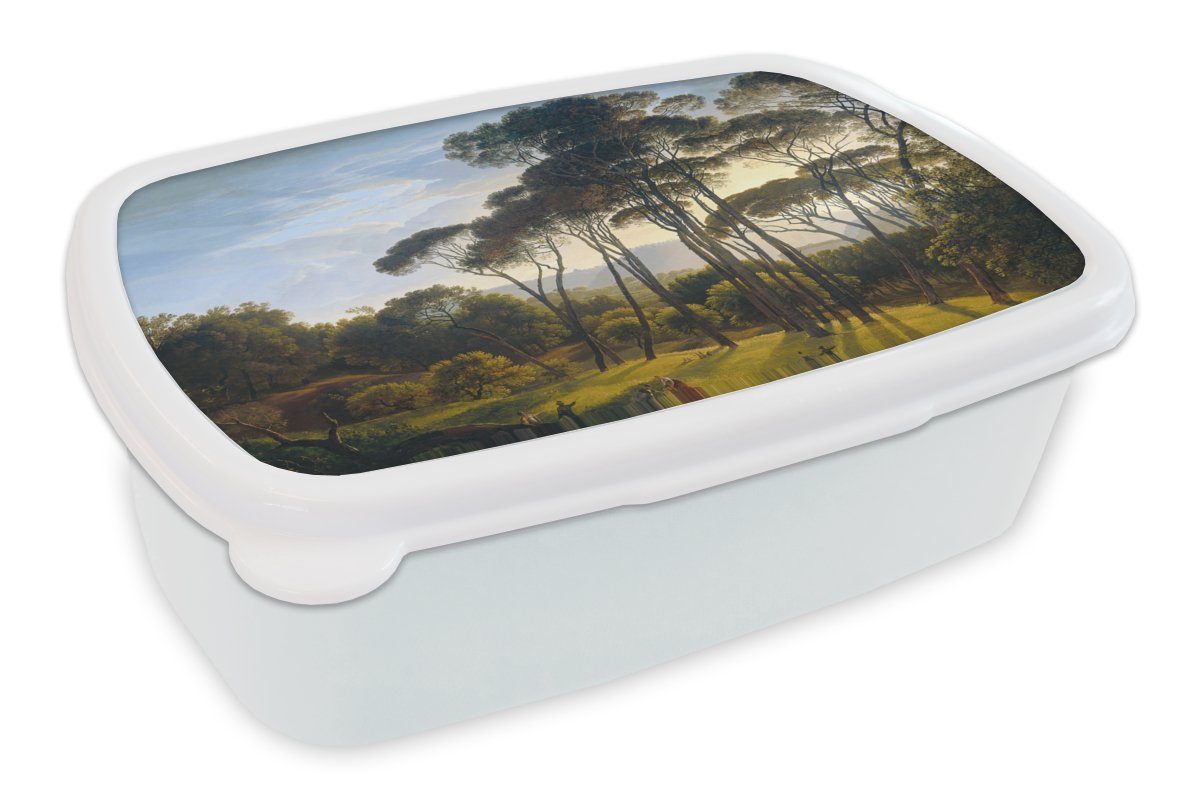 MuchoWow Lunchbox Italienische Landschaft mit Zirbelkiefer - Kunst - Alte Meister, Kunststoff, (2-tlg), Brotbox für Kinder und Erwachsene, Brotdose, für Jungs und Mädchen weiß