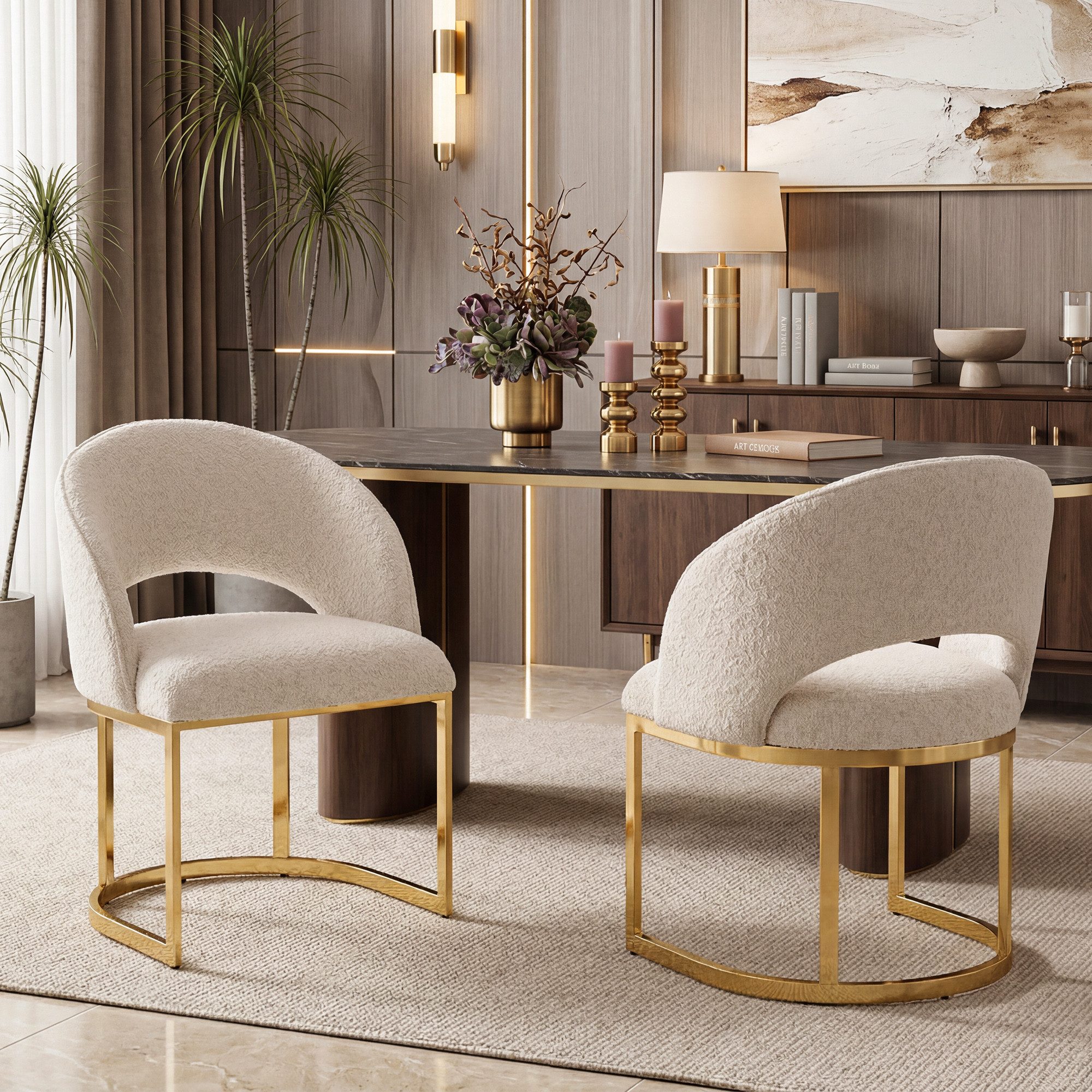 Flieks Esszimmerstuhl Freischwinger (mit verstellbaren Fußpolstern, Set, 2 St), 2er Set Polsterstühle Küchenstühle Wohnzimmer Bouclé-Stoff Beige&Gold