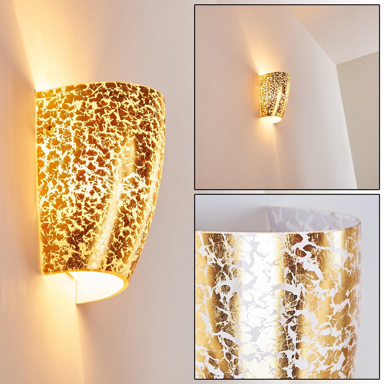 »Abriola« ohne Lichteffekt hofstein Wandlampe aus mit Blattgold-Optik, in Wandleuchte Up&Down-Effekt, Glas Leuchtmittel, Gold, E27, Wandspot in