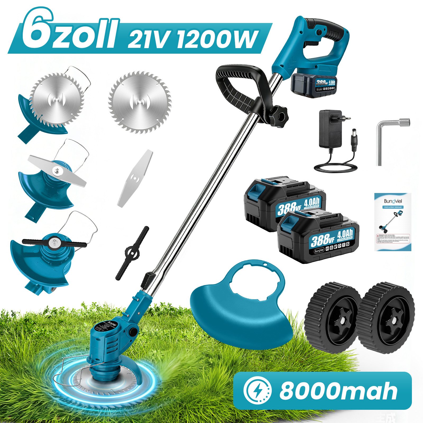 Bundviel Akku-Rasentrimmer Elektro Rasentrimmer 21V Akkurasenmäher Wiederaufladbarer mit 2xAkku, mit 2x4000mAh Akku & Ladegerät