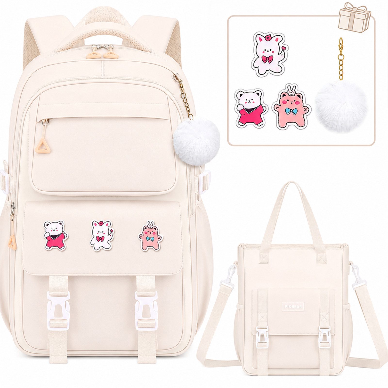 MOPUEA Schulrucksack Schulrucksack Set Leicht Ergonomisch Viele Fächer+Anhängern& Pins (Schulrucksack-Set mit Zubehör, Rucksack mit Tasche, Federmäppchen, Anhängern und Pins), Leicht, ergonomisch, atmungsaktiv, viele Fächer, reflektierend