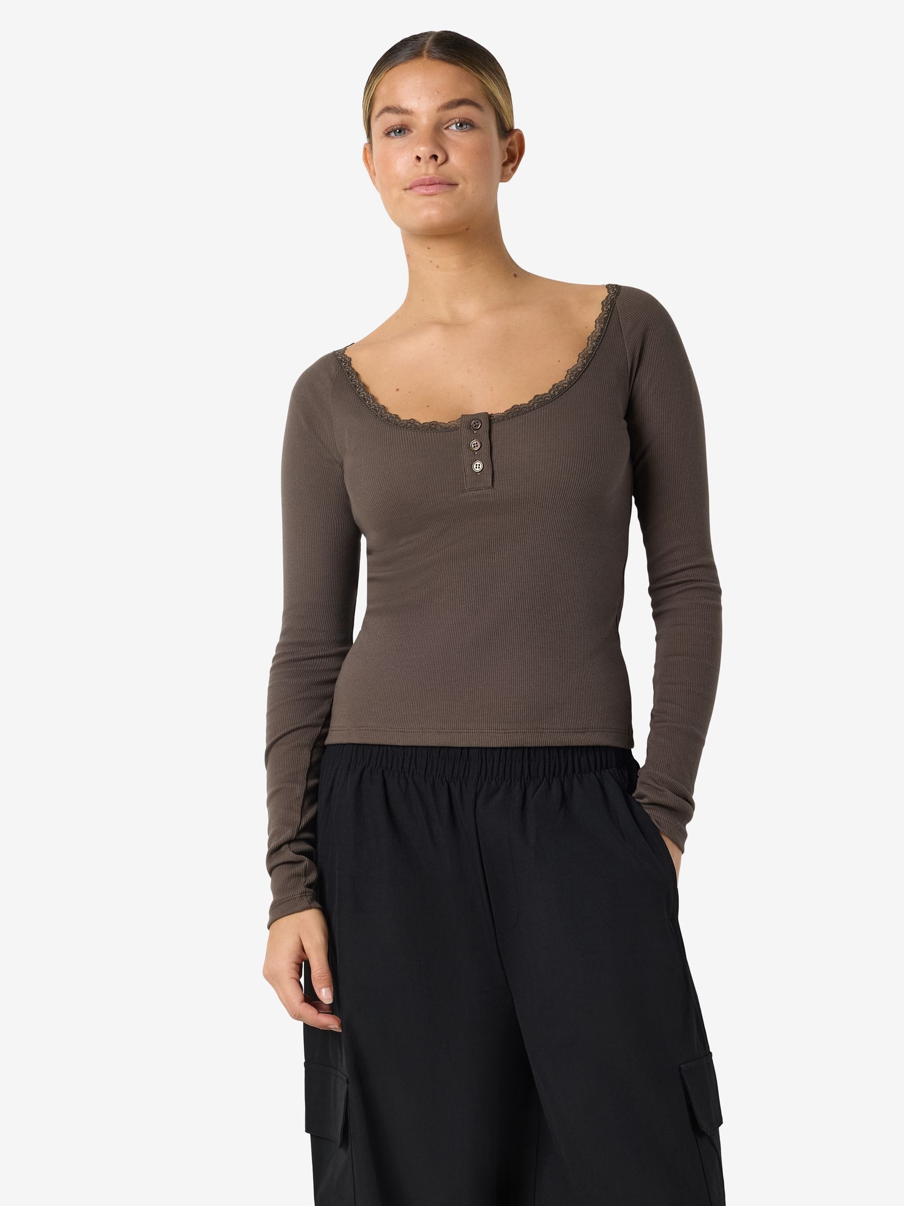 Noisy may T-Shirt Tiefer Rundhals Spitze Knopfleiste Rippstruktur Komfort (1-tlg) NMMAYA L/S LACE HENLEY TOP NOOS