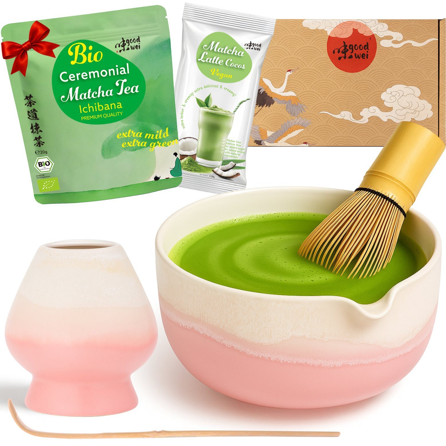Goodwei Tee Matcha Latte Set "Fuji Pink" mit 20g Ceremonial Matcha & Cocos Latte