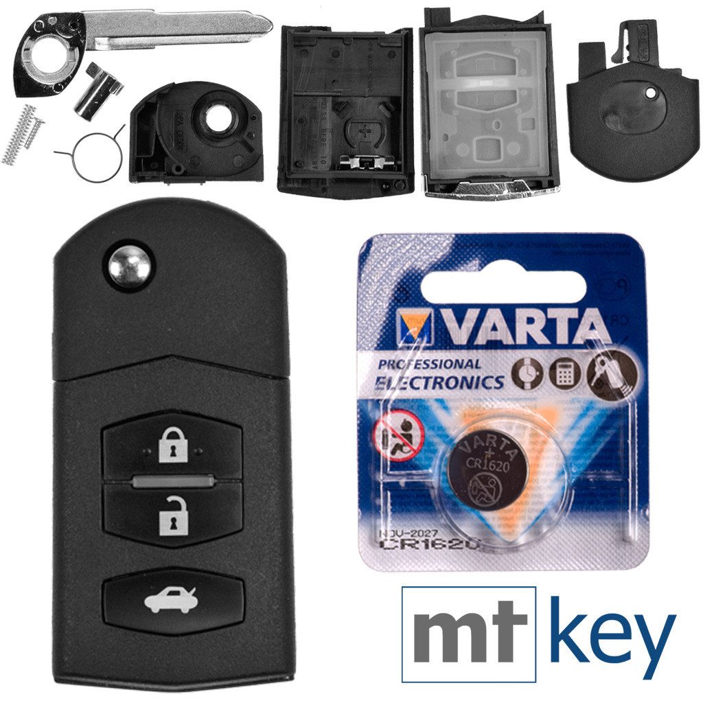 mt-key Auto Klapp Schlüssel Ersatz Gehäuse 3 Tasten + Rohling + VARTA CR1620 Knopfzelle, CR1620 (3 V), für Mazda 2 DE 6 GH CX-7 ER MX-5 NC 3 BL 5 CR Funk Fernbedienung