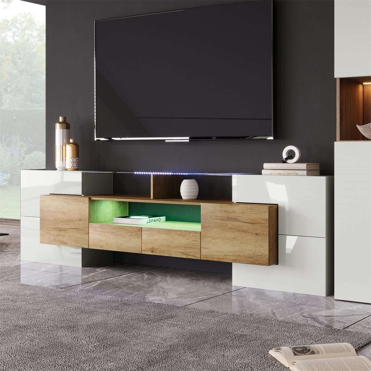 autolock TV-Schrank LED TV Lowboard,TV Halterung(200*30*61cm) mit LED-Beleuchtung TV-Schränke mit sechs Türen, zwei Schubladen und drei Fächern