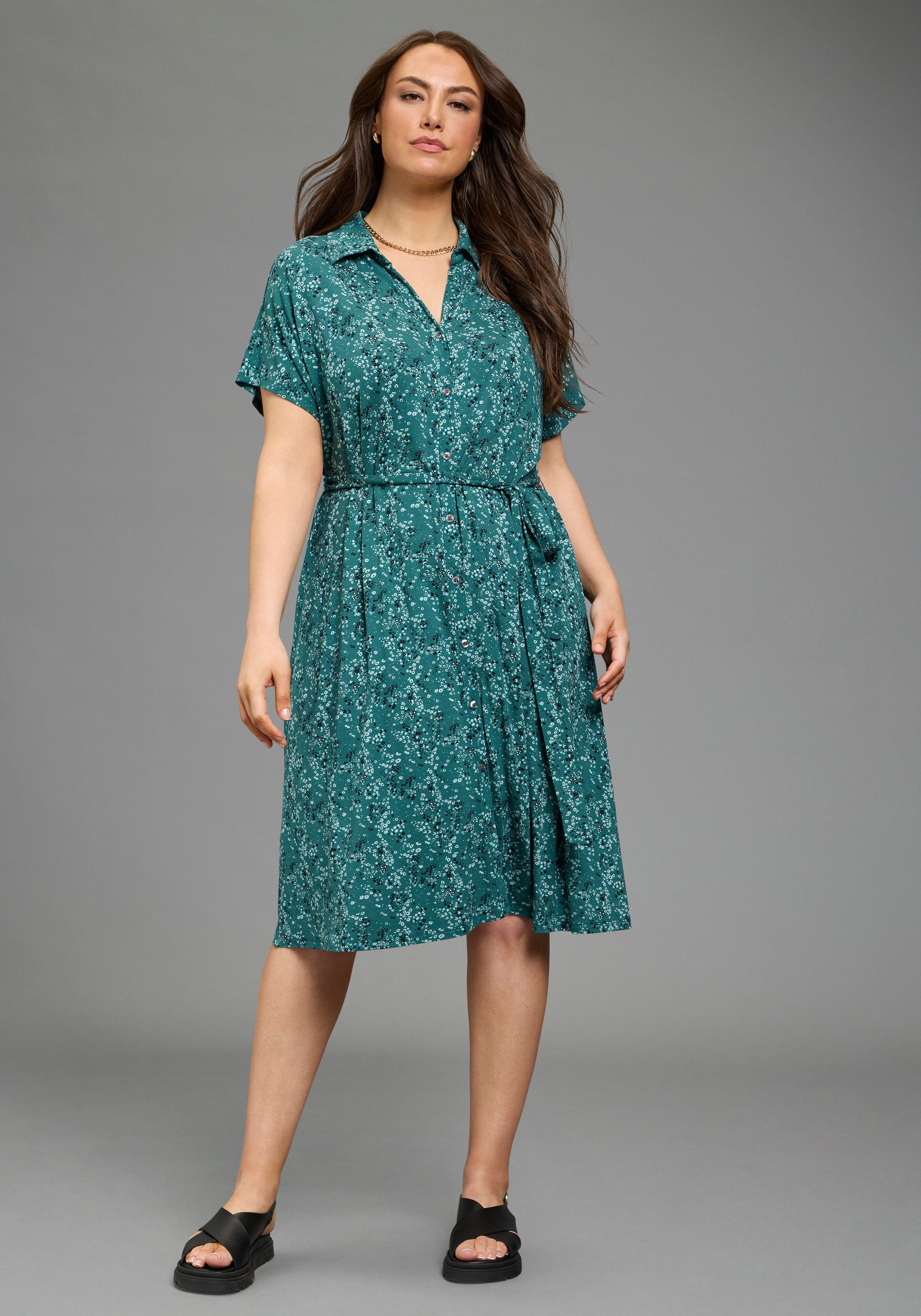 Laura Scott CURVE Jerseykleid Große Größen in A-Linie mit Hemdkragen, geblümt