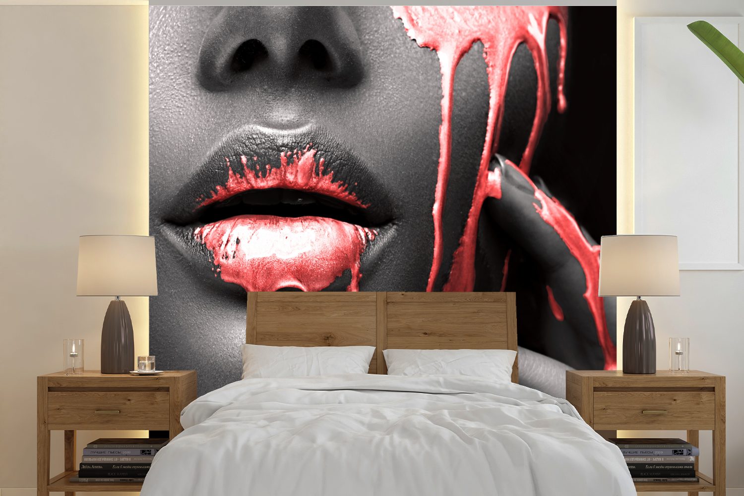 MuchoWow Fototapete Lippen - Rot - Schwarz, Matt, bedruckt, (5 St), Vinyl Tapete für Wohnzimmer oder Schlafzimmer, Wandtapete