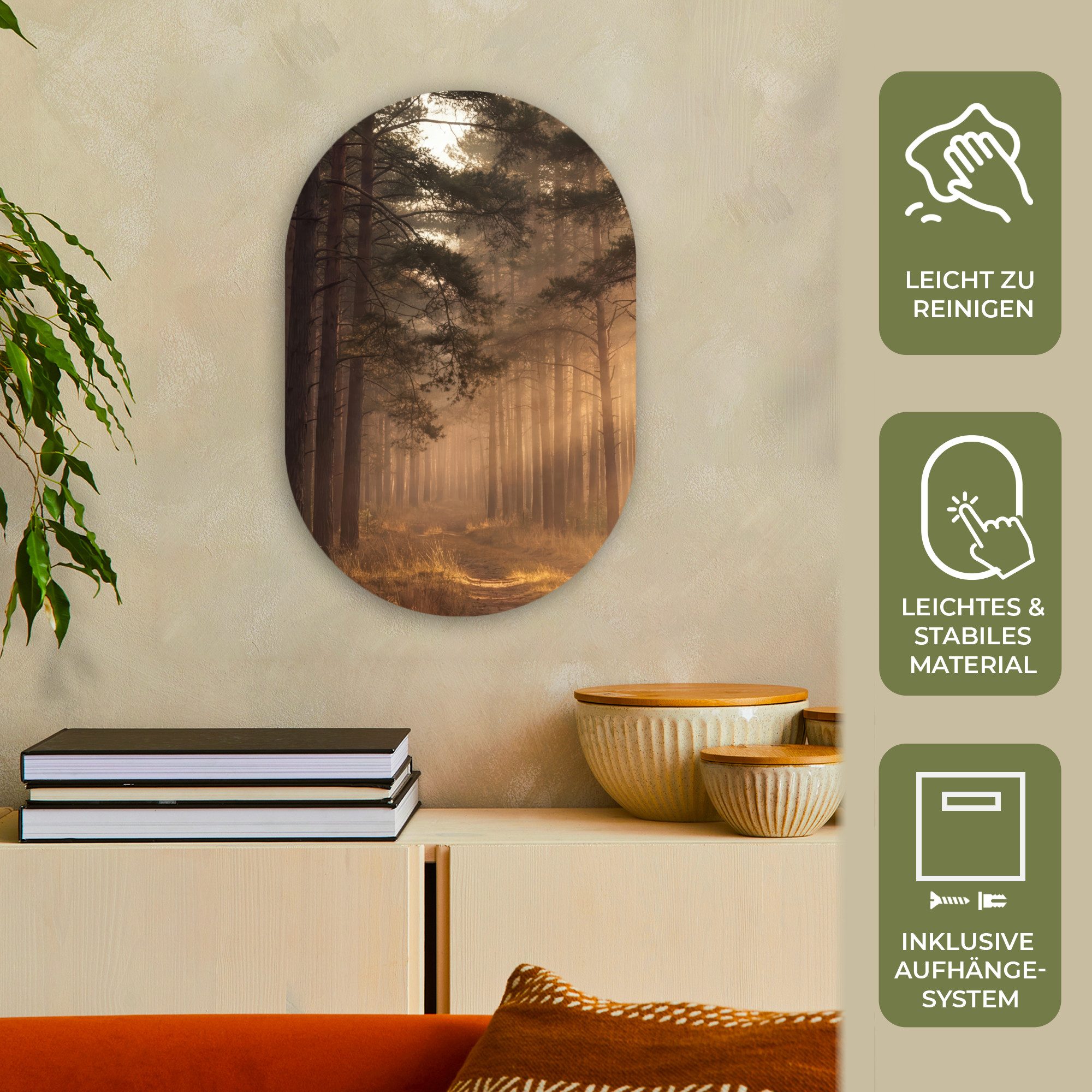 MuchoWow Gemälde Wald - Nebel - Sonnenlicht, Fotodruck (1 St), Wandbild Oval, Wohnzimmer oder Schlafzimmer Wanddekoration, 40x60 cm