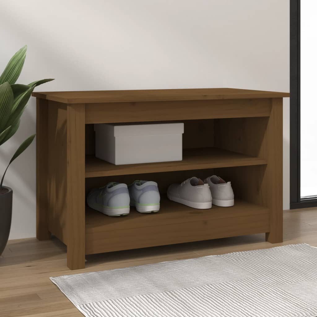 furnicato Schuhbank aus massivem Kiefernholz 70 x 38 x 45,5 cm Honigbraun (1-St), Sitzbank mit zwei Ablagen und Stauraum für den Eingangsbereich