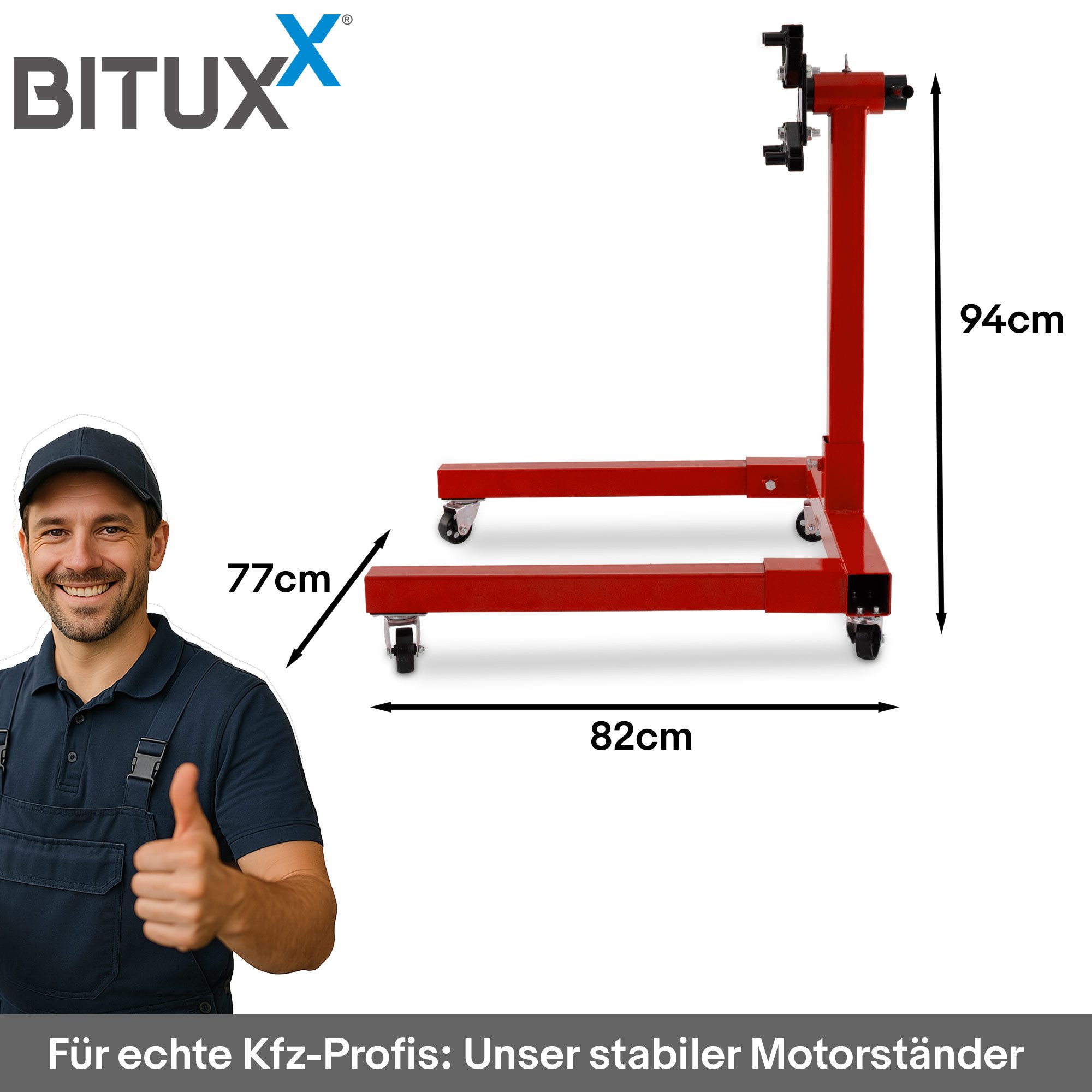 Bituxx Getriebeheber Kfz Motorhalter Motorbock Motorträger rot, MS-19868, drehbar, mit Rollen, Traglast bis 570 kg