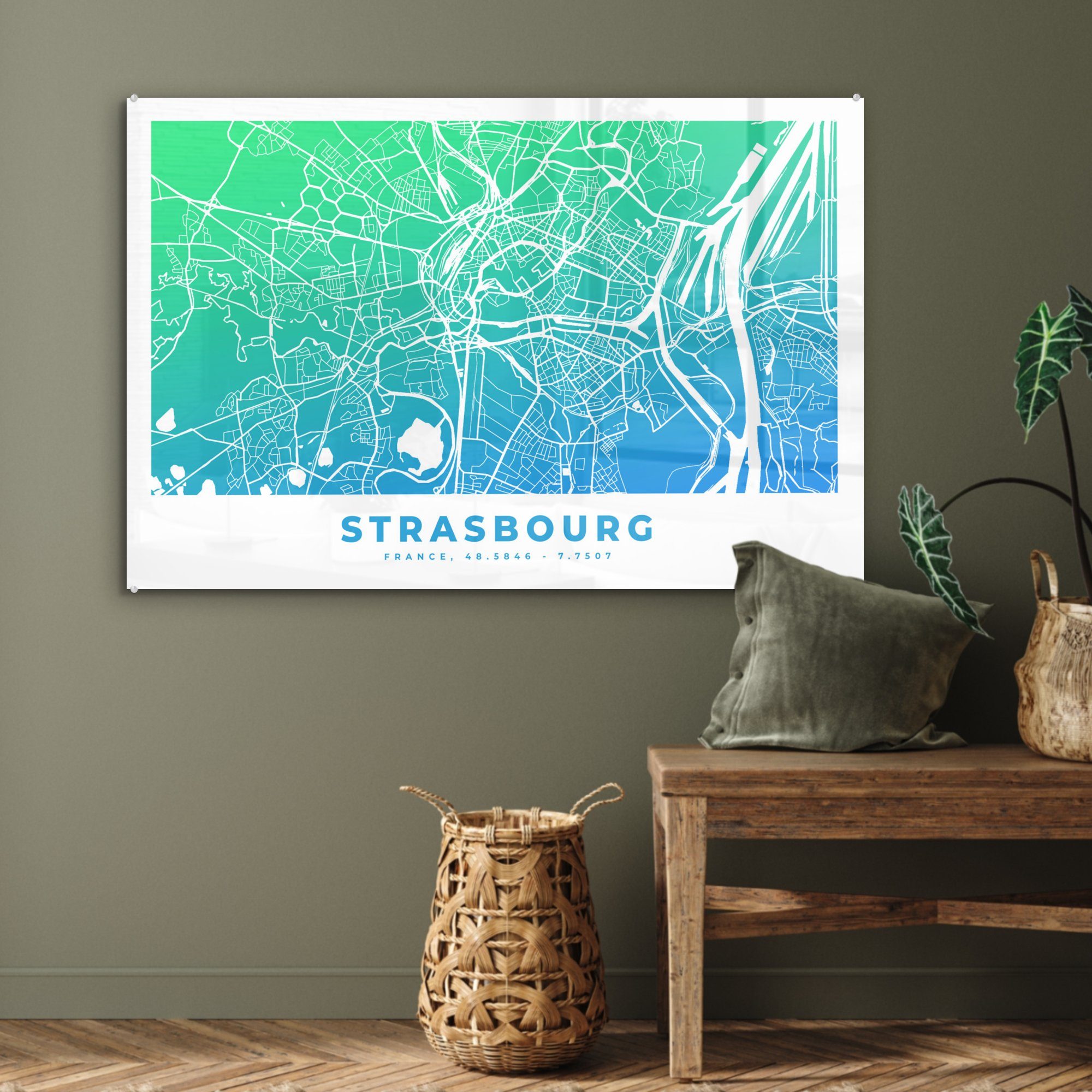 (1 MuchoWow Acrylglasbilder - Wohnzimmer Acrylglasbild Stadtplan, Schlafzimmer Frankreich Strasbourg St), - &