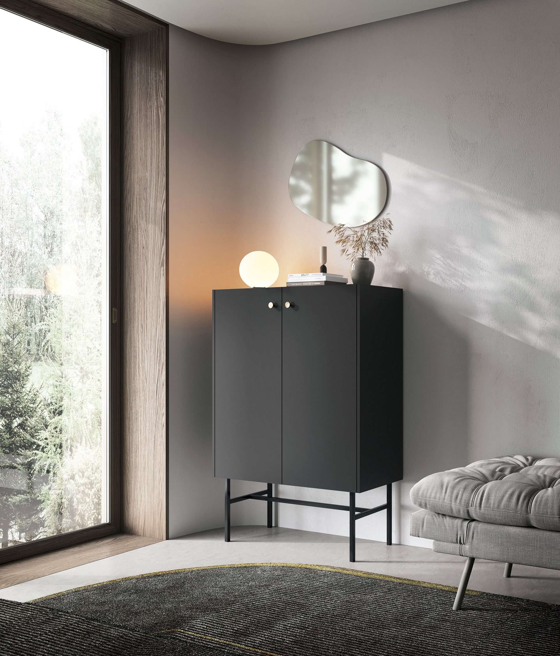 ALLHOUSE24 Hochkommode ART -132 Highboard Kommode Metallgriffe und -füße, Breite: 93,2 cm, Höhe: 131,7 cm, Tiefe: 39 cm