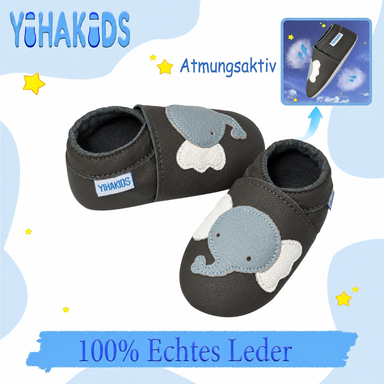 Yihakids Baby Krabbelschuhe Lauflernschuhe Hausschuhe Lederschuhe Elefant Krabbelschuh (Sowohl drinnen als auch draußen erhältlich) Rutschfest atmungsaktiv – Bild 2 von 5