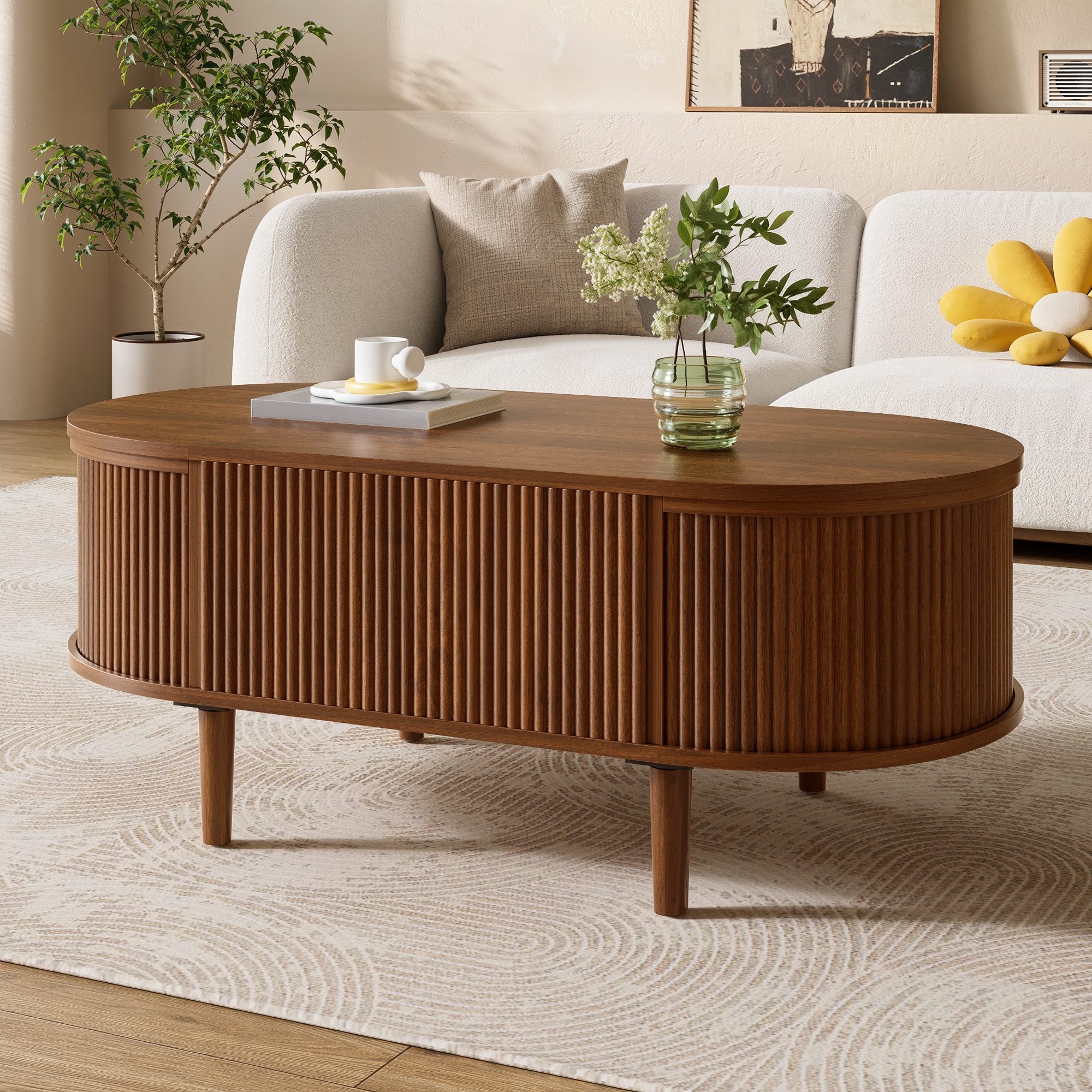 Merax Couchtisch anhebbarer Sofatisch oval Beistelltisch mit Liftfunktion & Holzoptik (100 x 48 x 54,5 cm, 1-St), Wohnzimmertisch mit verstecktem Stauraum, 3 Ablagefächern & Holzbeinen