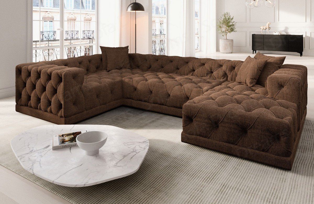 Sofa Dreams Wohnlandschaft Strukturstoff Stoff Polster Sofa Palma U Form Stoffsofa Modern, Loungesofa, Chesterfield Stil dunkelbraun18 | Wohnlandschaften