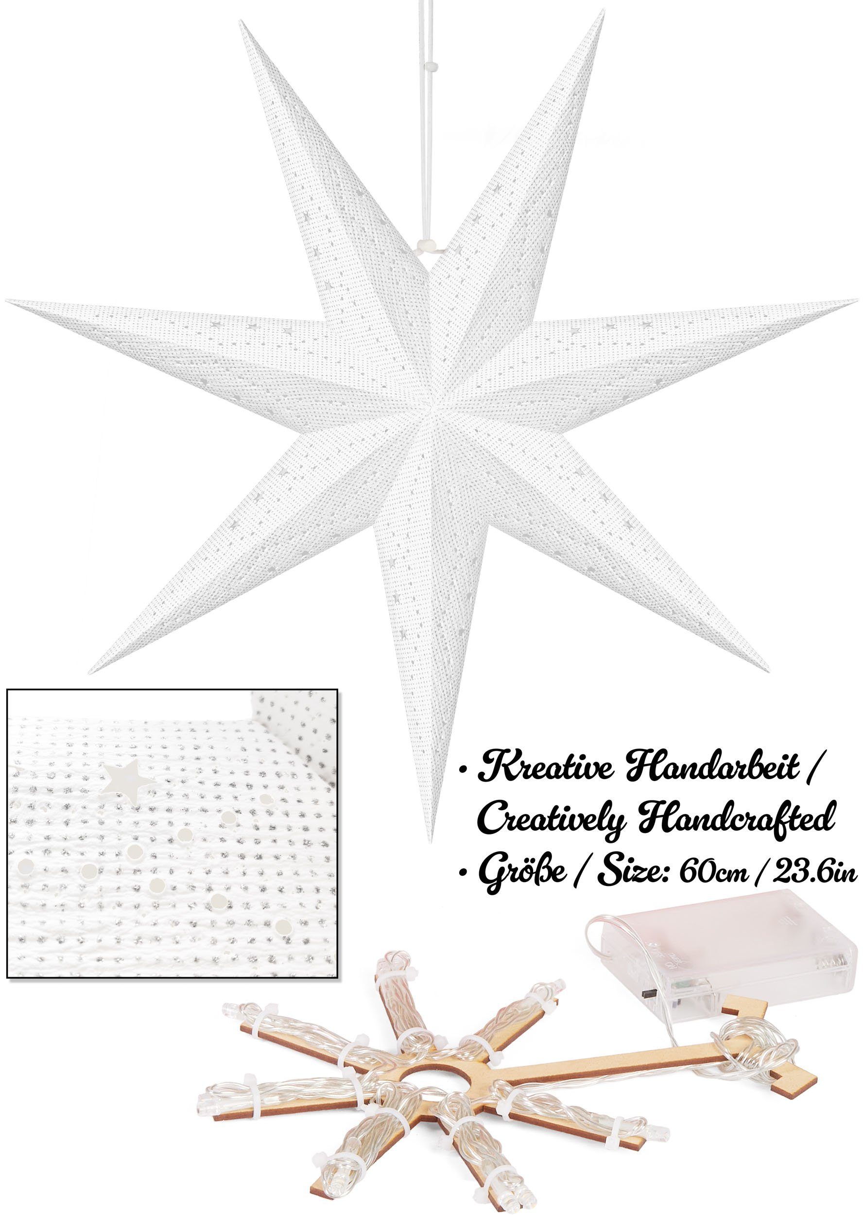 BRUBAKER LED Stern 3D Weihnachtsstern zum Aufhängen - LED Papierstern mit Timer, Batteriebetrieben und Beleuchtet, LED fest integriert, Warmweiß, 60 cm Adventss – Bild 3 von 5