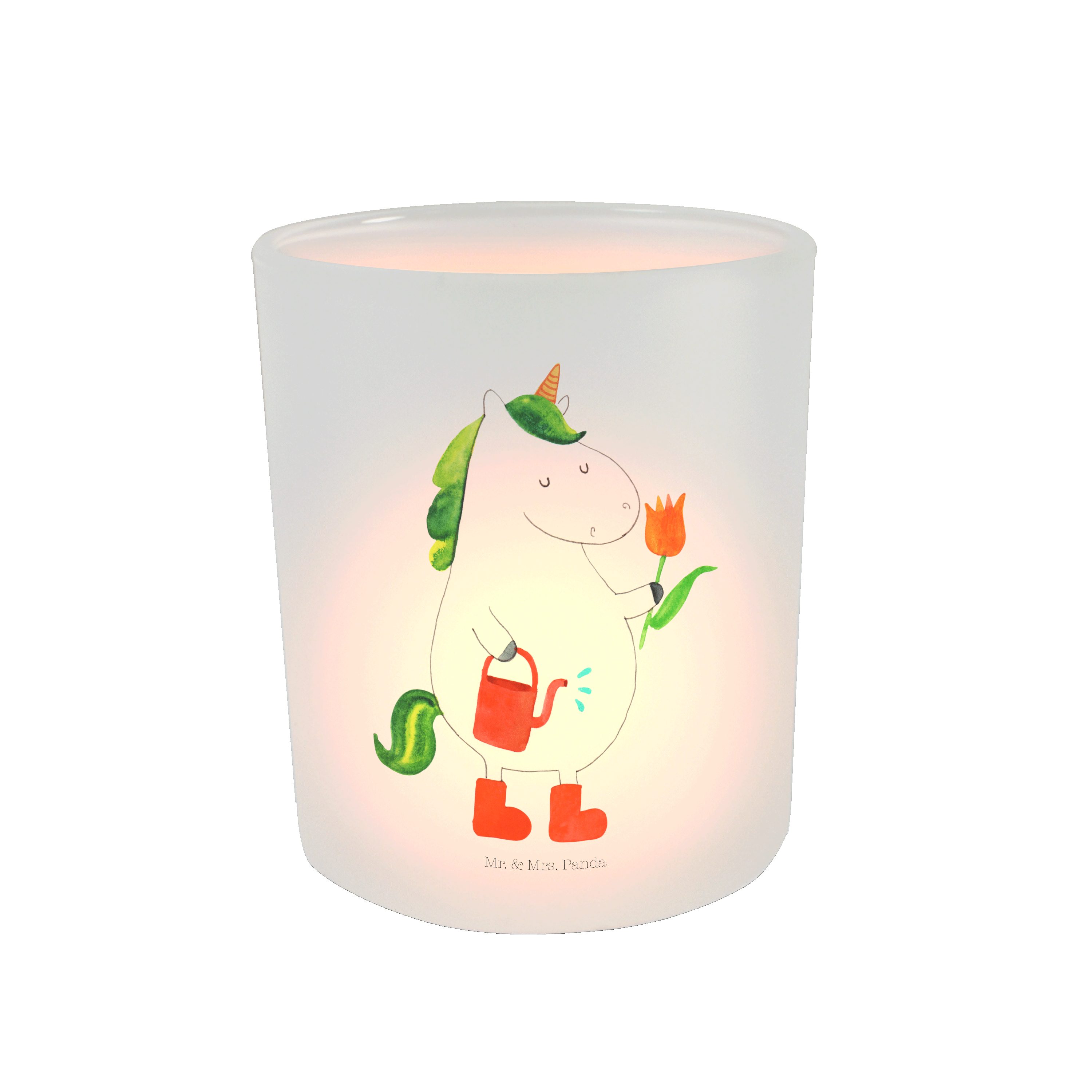 Mr. & Mrs. Panda Windlicht Einhorn Gärtner - Transparent - Geschenk, Windlicht Kerze, Einhörner, (1 St)