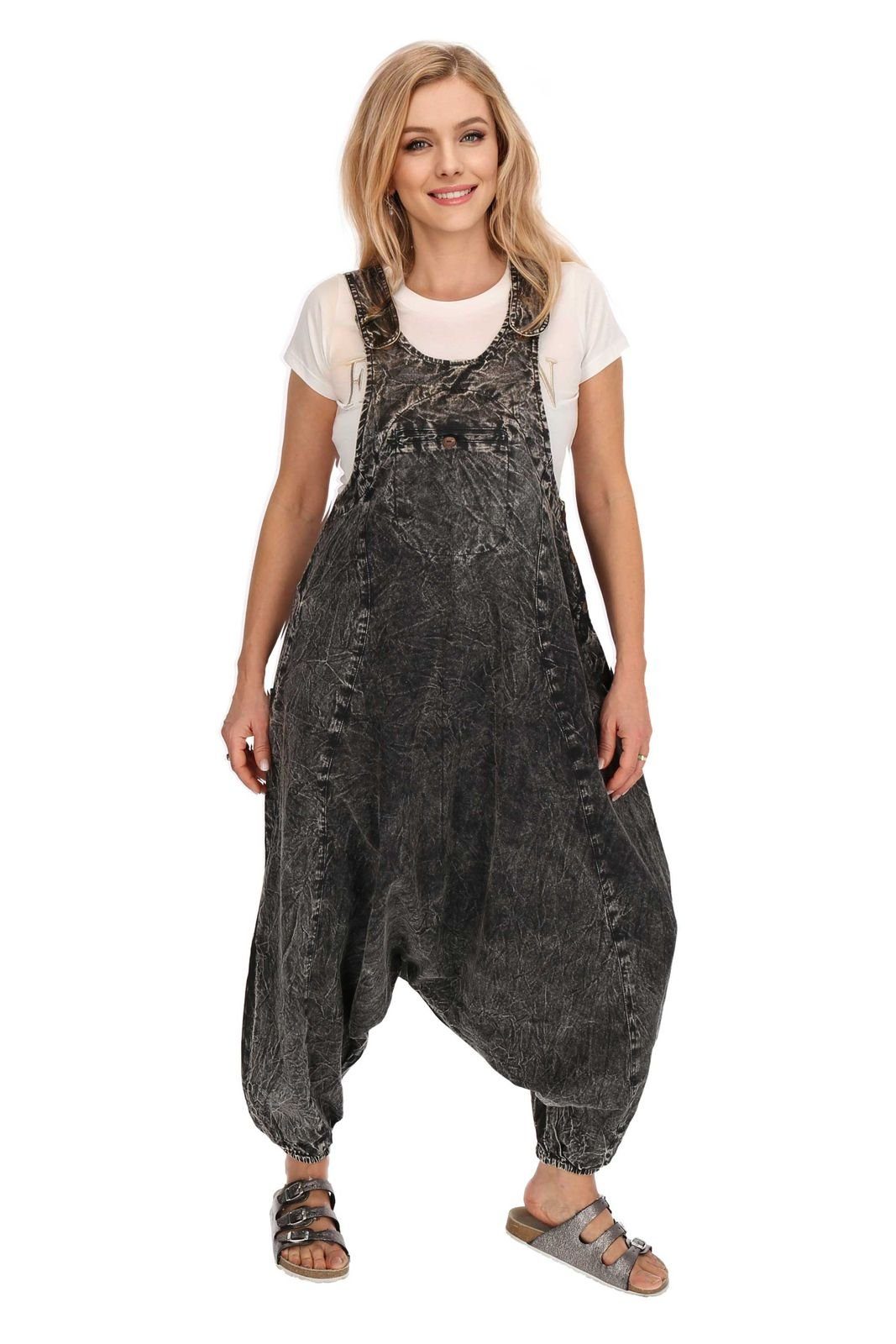 KUNST UND MAGIE Latzhose Hippie Latz/Haremshose Hose 70er Jumpsuit Overall Stonewashed Catsuit Grau / Schwarz