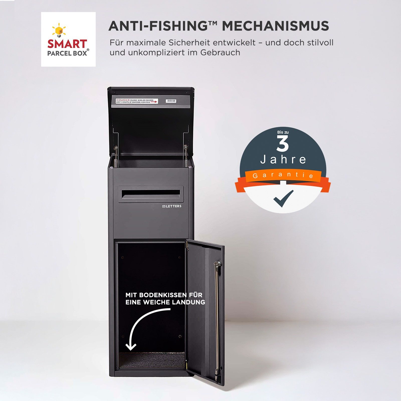 Smart Parcel Box Paketbriefkasten Extra großer Paketbriefkasten mit Schrägdach, Entnahme vorne, schwarz