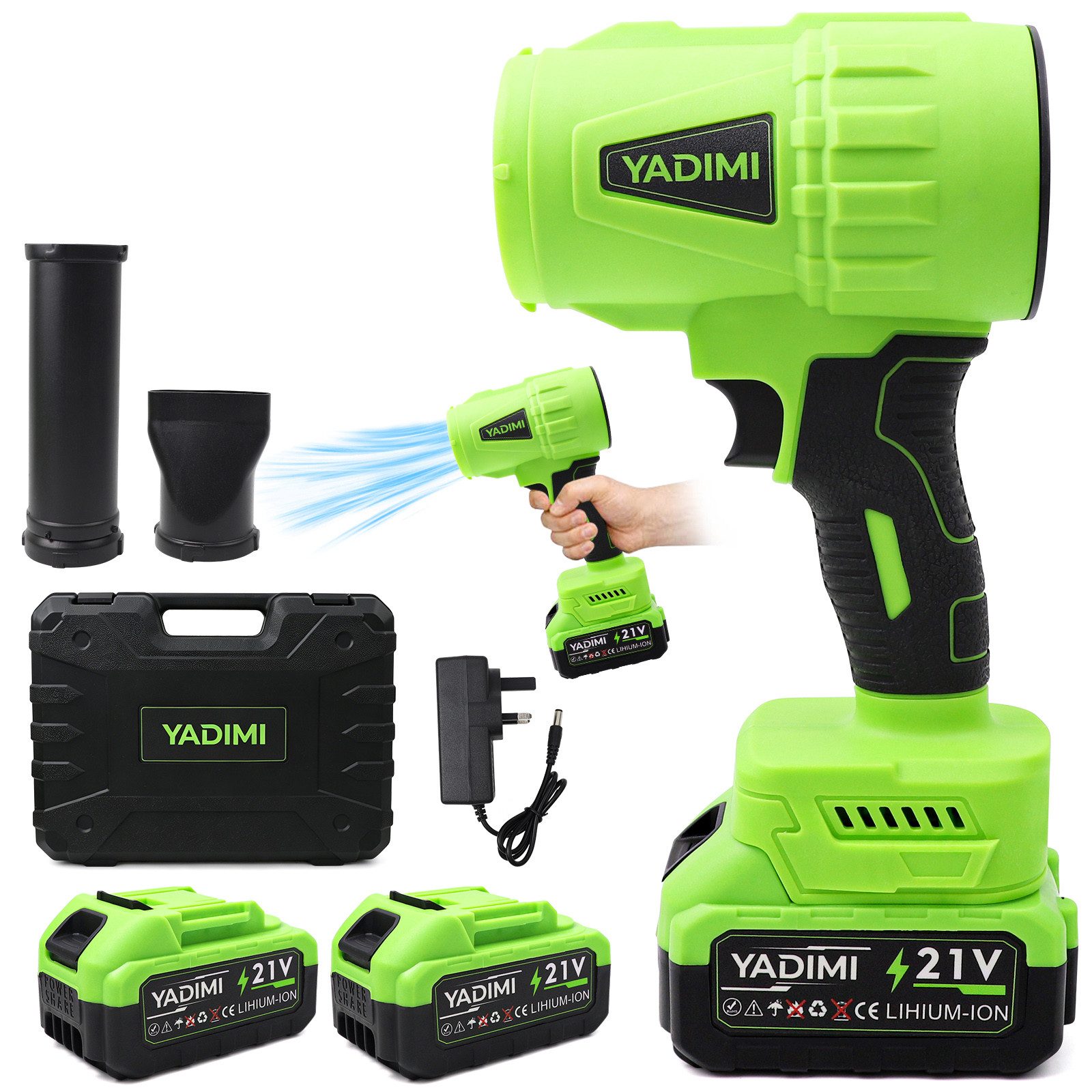 YADIMI Akku-Laubbläser BFJ-001, Elektrischer Laubbläser mit Akku und Ladegerät, (inkl. Akku und Ladegerät), Mit 21V-Akku & Ladegerät, leichter Gartenbläser für Terrassenpflege