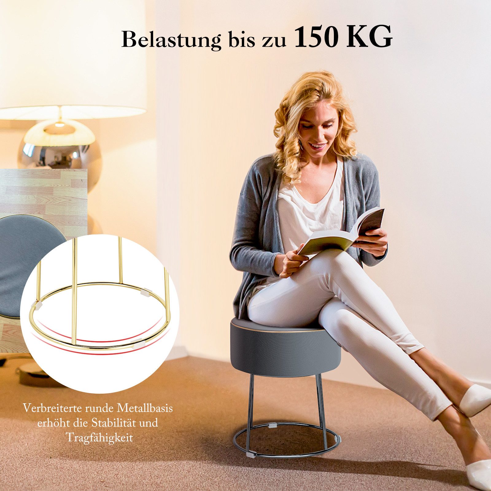 COSTWAY Sitzhocker, Rund, aus Samt, mit Metallbeinen, 150kg, gepolstert