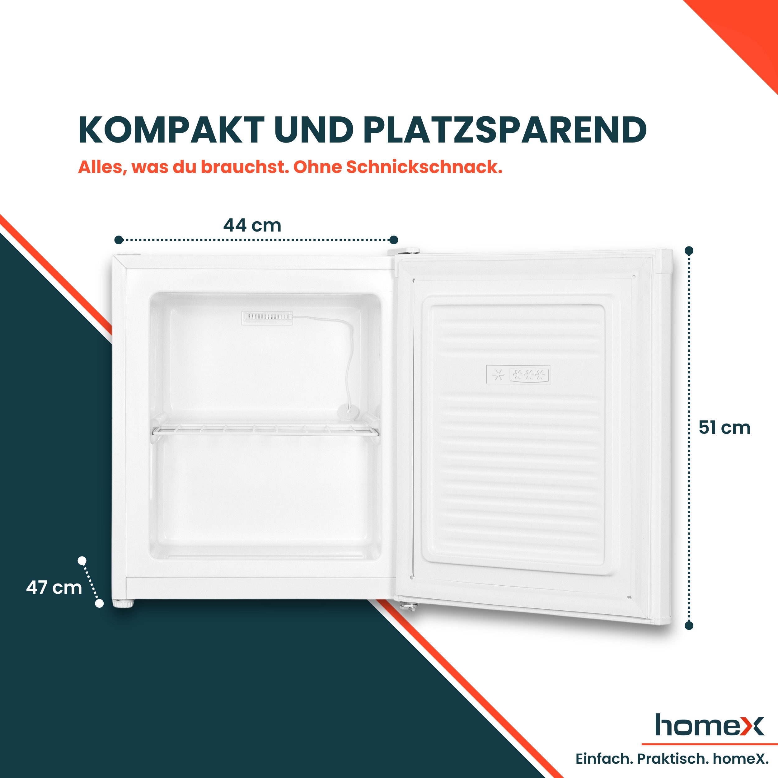 homeX Gefrierschrank FM1015-W, 51 cm hoch, 44 cm breit, Mini-Gefrierschrank, Gefrierbox, 33 L Nutzinhalt, klein, weiß