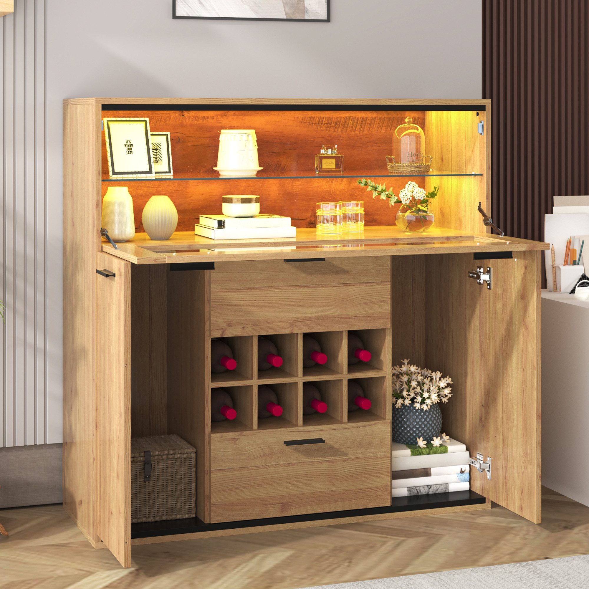 Merax Sideboard mit LED-Beleuchtung in Wildeiche-Optik, großer Stauraum, ab günstig online kaufen