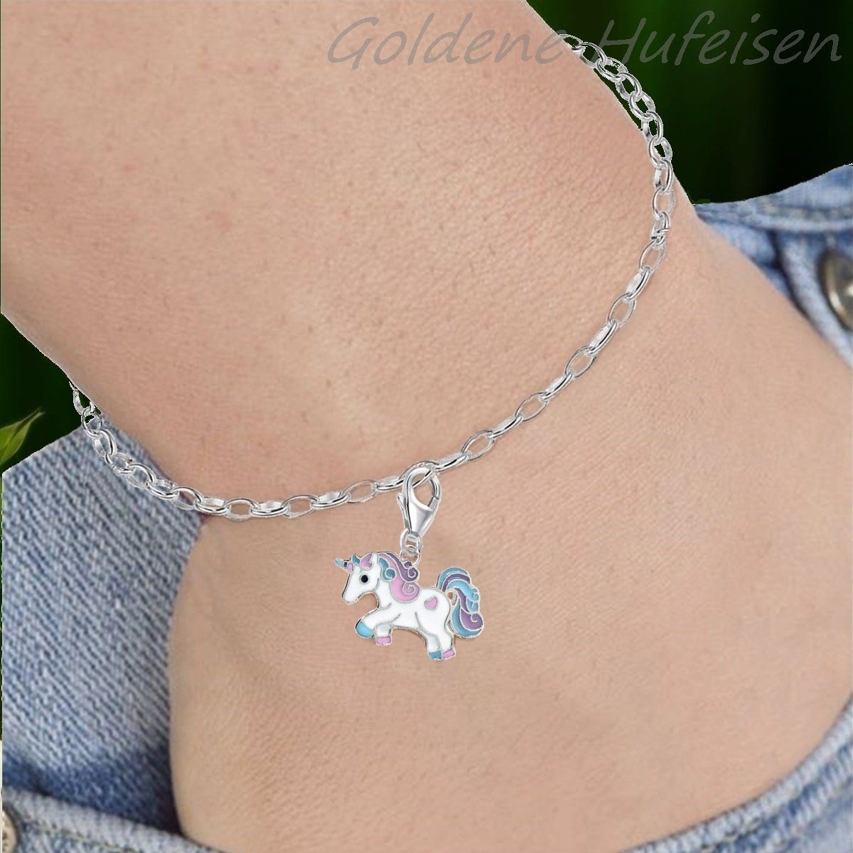 Goldene Hufeisen Charm-Einhänger Einhorn Karabiner Charm Einhänger für Bettelarmband 925 Silber Pferd (1 Stück, inkl. Etui), für Gliederarmband oder Halskette