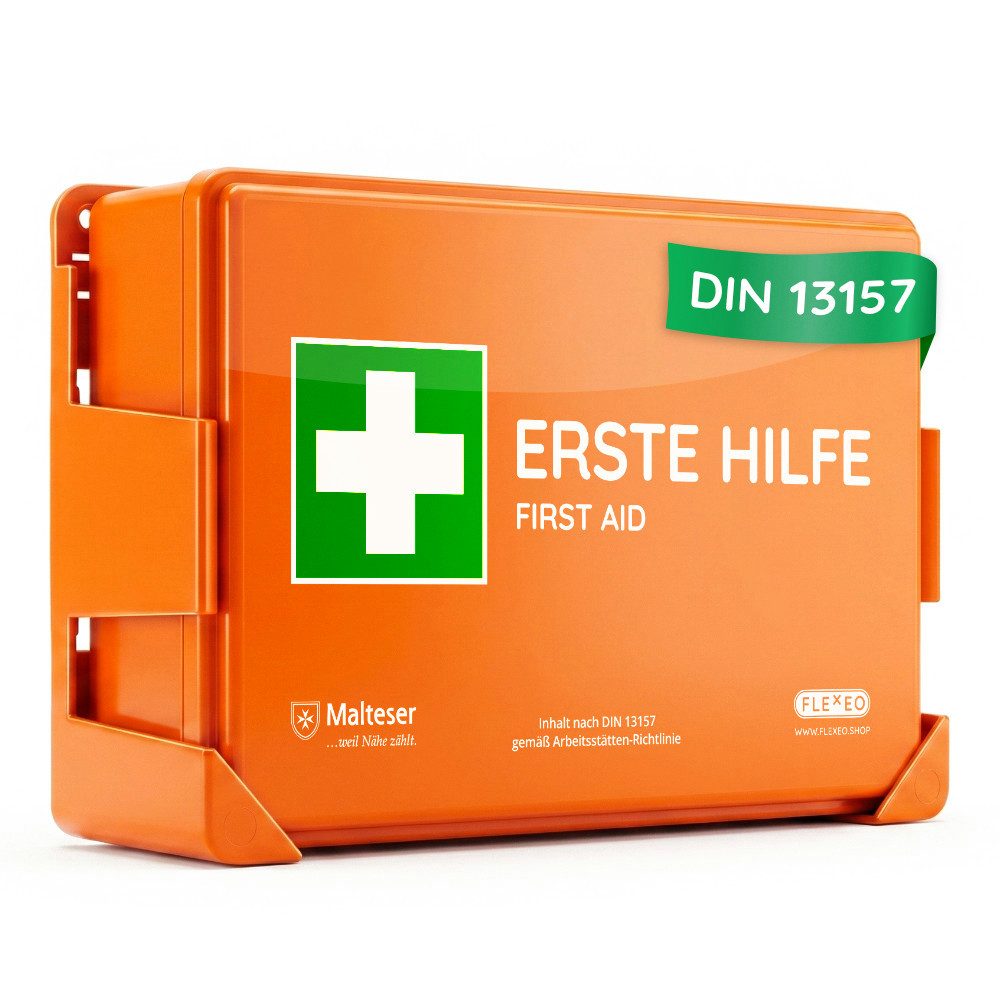 FLEXEO Erste-Hilfe-Koffer DIN 13157, (1 St), Betriebsverbandkasten inkl. Wandhalterung, orange