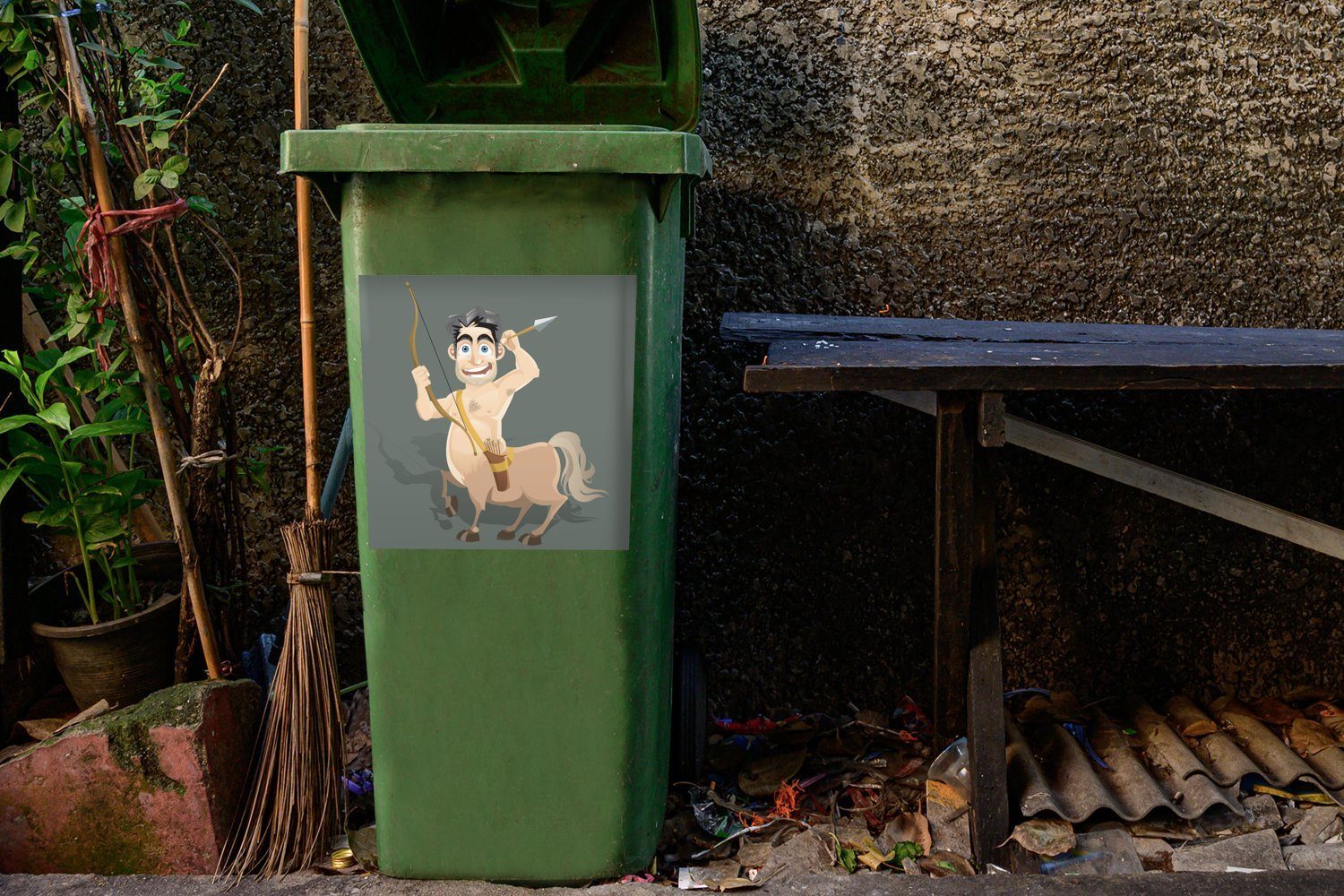 Sticker, Bogen Cartoon-Illustration Mülltonne, eines Container, mit MuchoWow St), Zentauren Eine und (1 Mülleimer-aufkleber, Wandsticker Abfalbehälter Pfeil