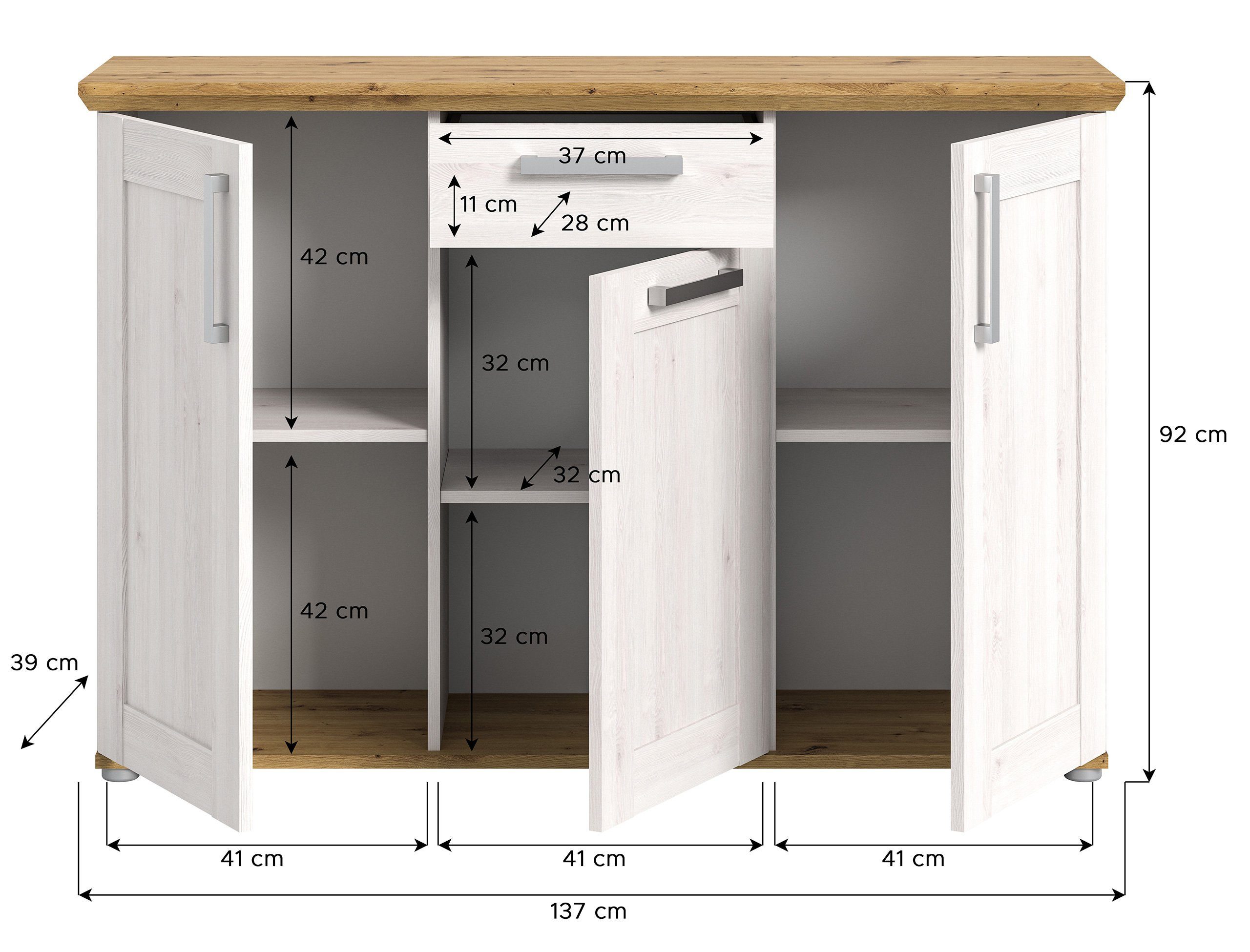 Newroom Kommode Sibiu Lärche 133 cm, Kommode Sibiu Lärche Sideboard Highboard Landhaus Modern Wohnzimme...