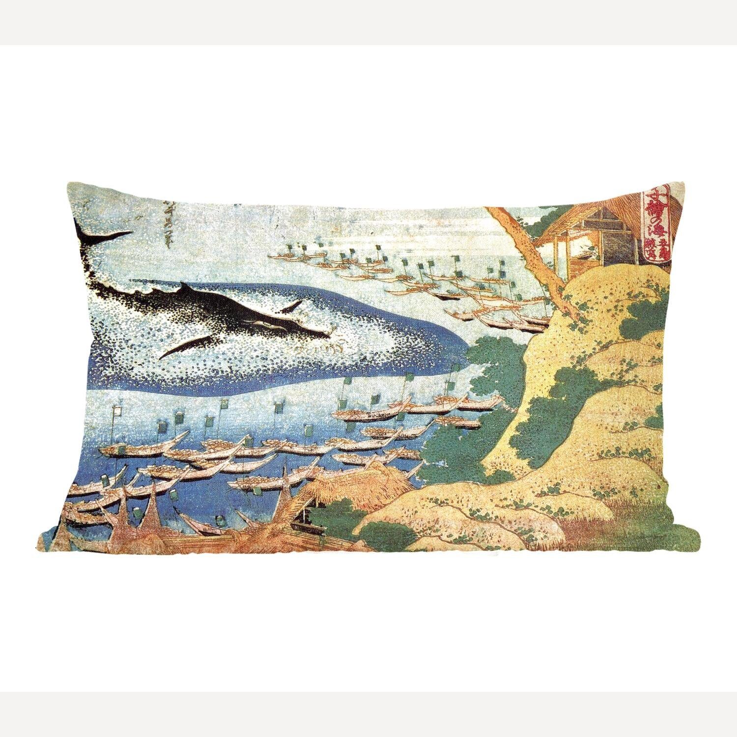 MuchoWow Dekokissen Ein Wal bei Goto - Gemälde von Katsushika Hokusai, Wohzimmer Dekoration, Zierkissen, Dekokissen mit Füllung, Schlafzimmer