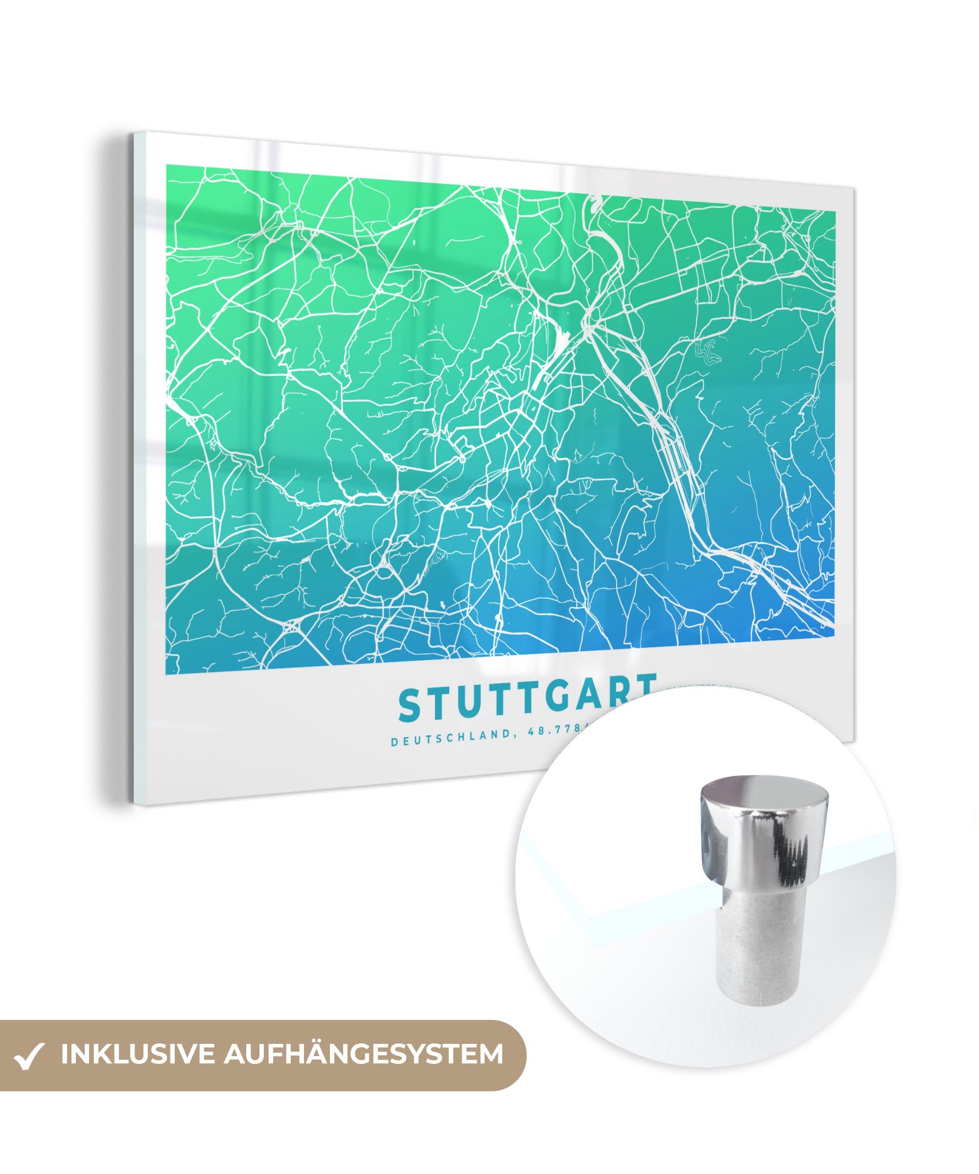MuchoWow Acrylglasbild Stuttgart - Deutschland - Wohnzimmer Stadtplan, Schlafzimmer (1 Acrylglasbilder St), &