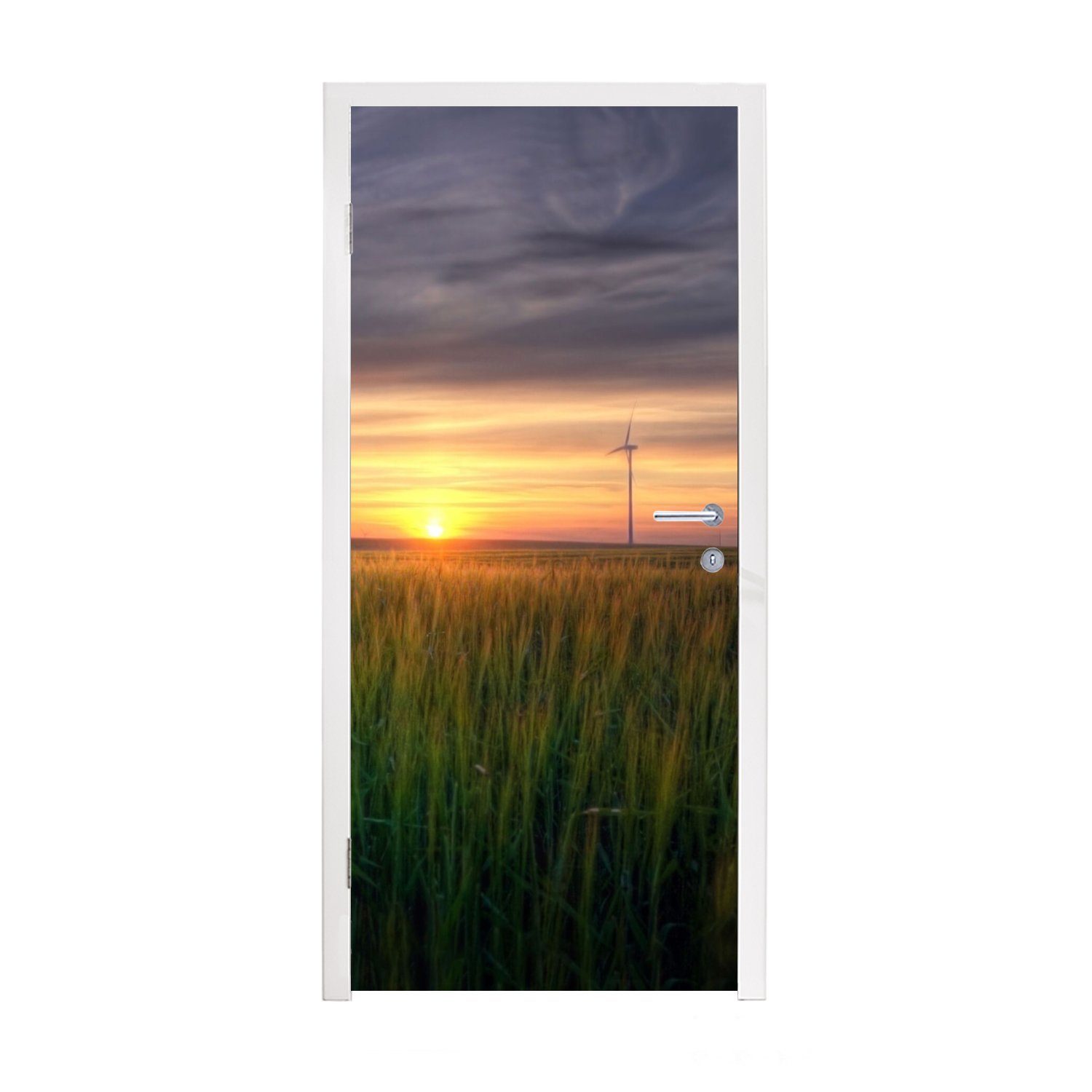 MuchoWow Türtapete Sonne - cm Türaufkleber, 75x205 bedruckt, für St), Fototapete Tür, Gras, (1 - Matt, Windmühle